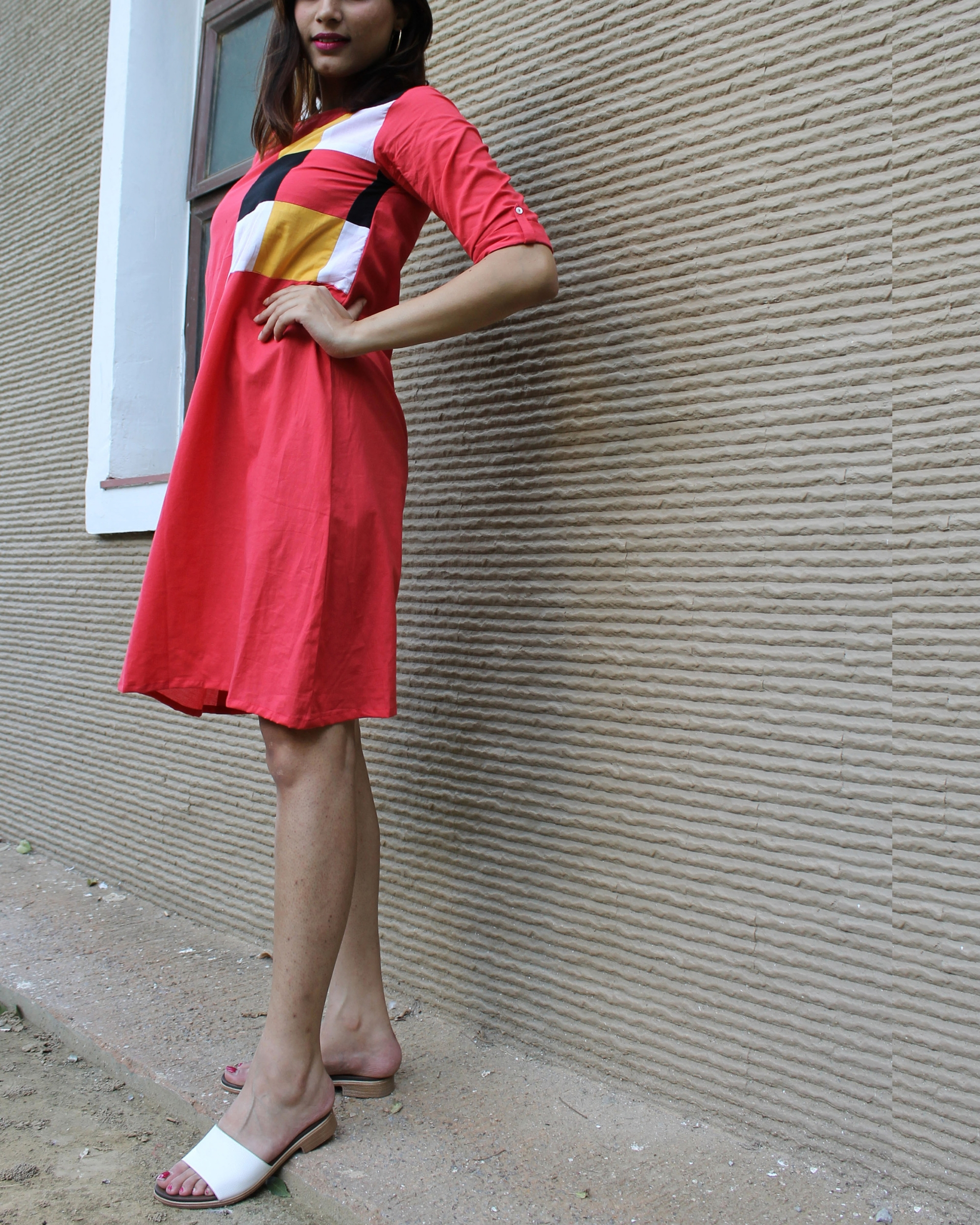 Red patchwork A-line dress