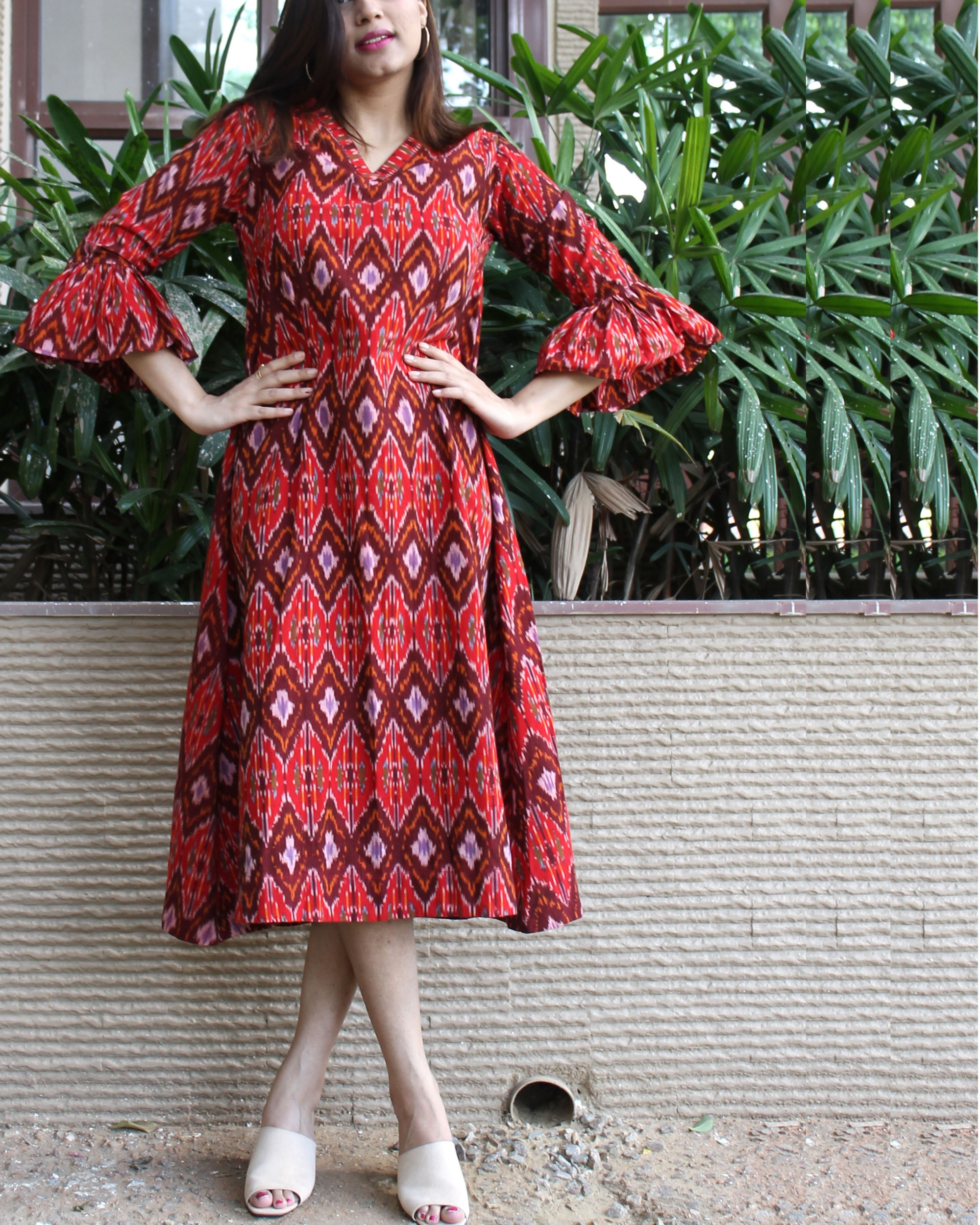 Red ikat flared sleeves dress by Free ...
