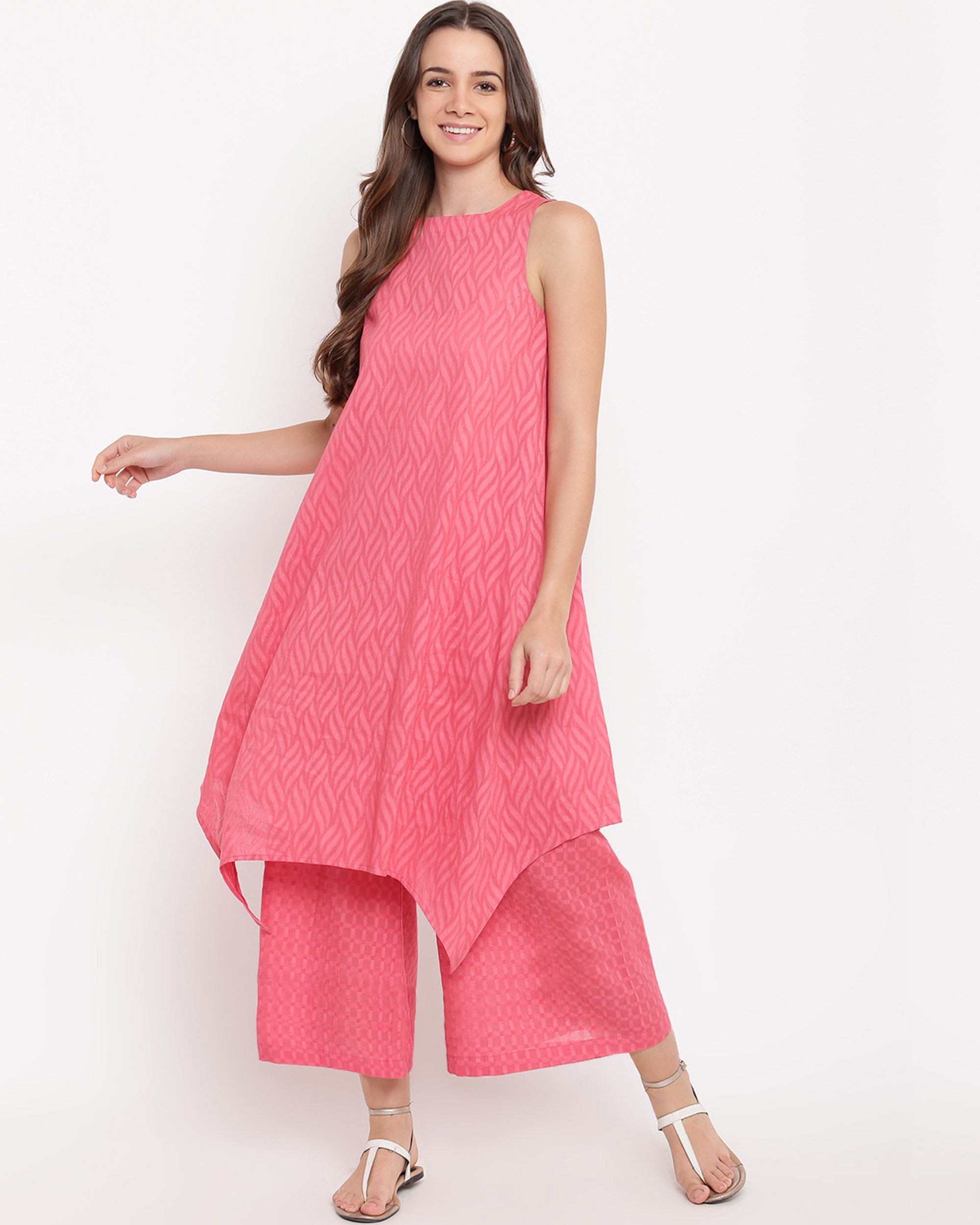 Brick pink asymmetric kurta set by trueBrowns | The Secret Label