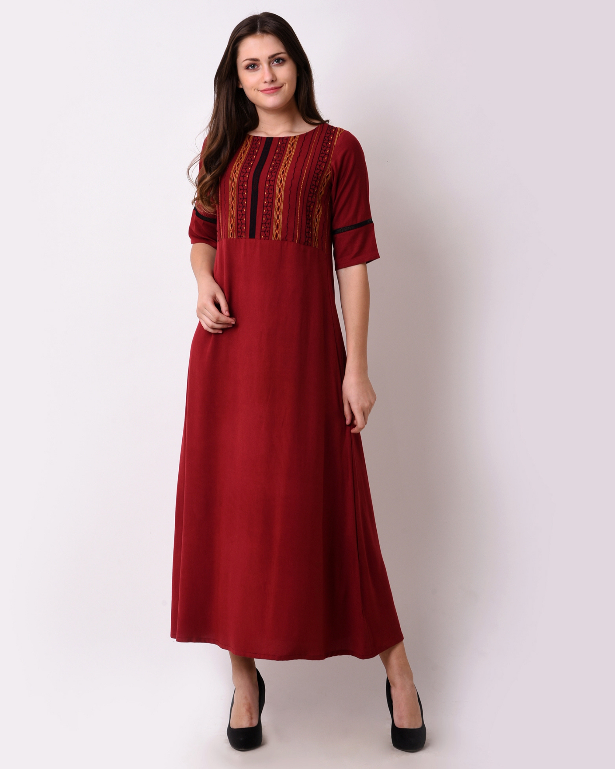 Maroon geo-embroidered maxi dress by Vritta | The Secret Label