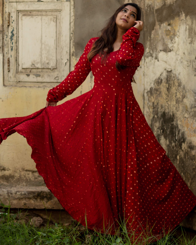 Designer Red Bandhani Suit in Rich Handwork - Rana's by Kshitija