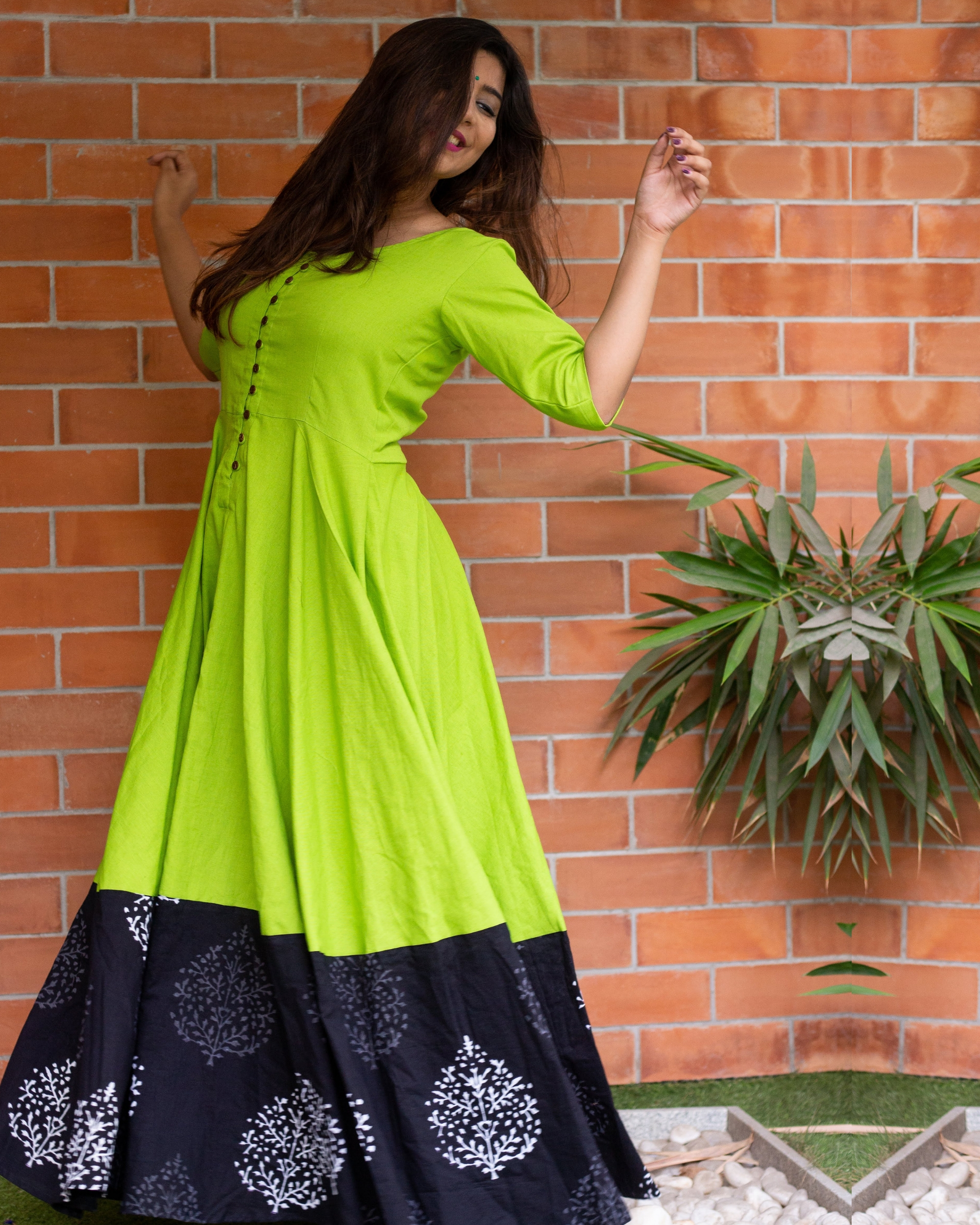 Lime and black block printed dress by ...