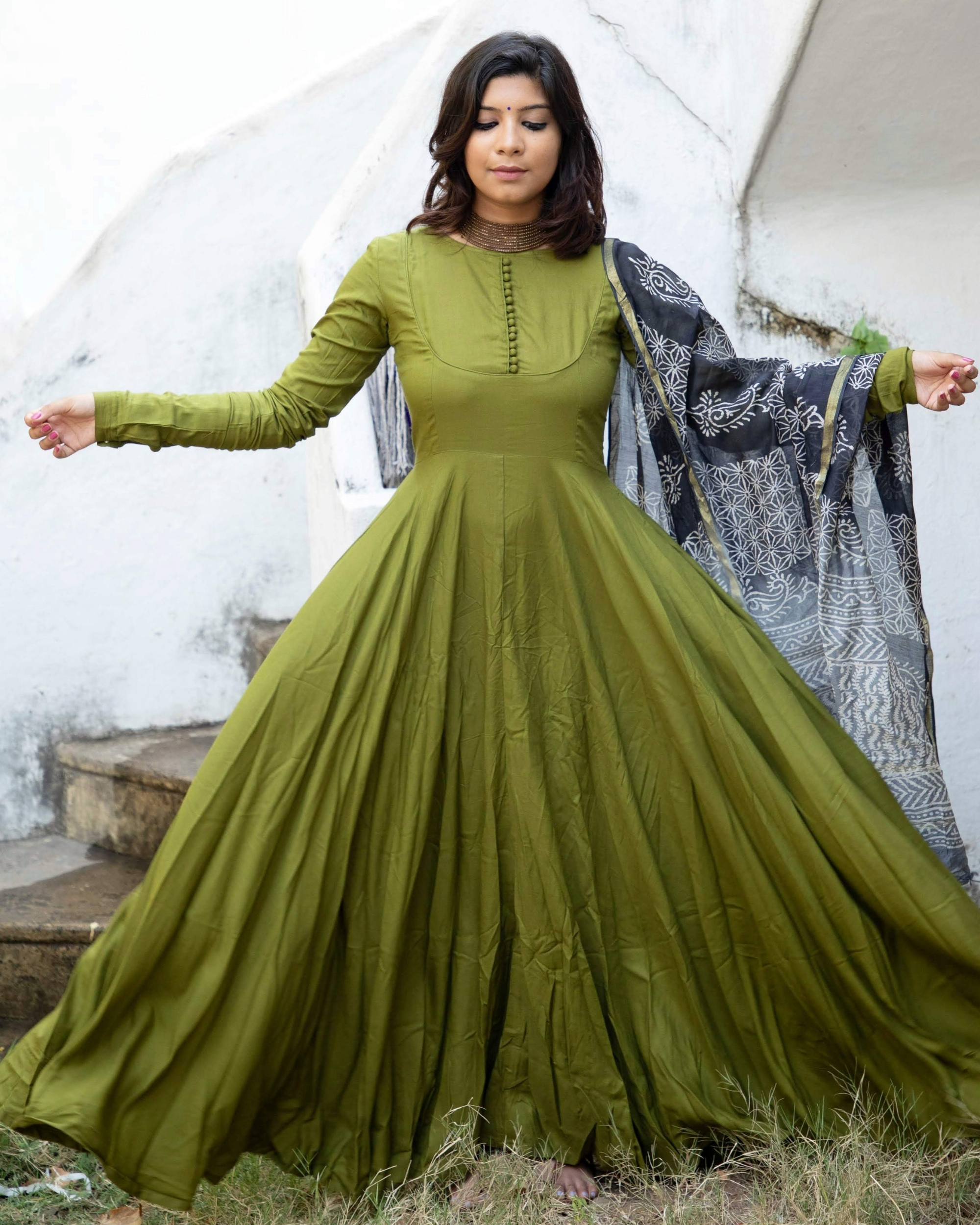 Olive green flared dress with black printed dupatta - Set Of Two