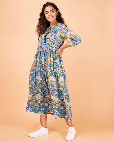 Teal printed tie-up dress by Twirl Studio | The Secret Label