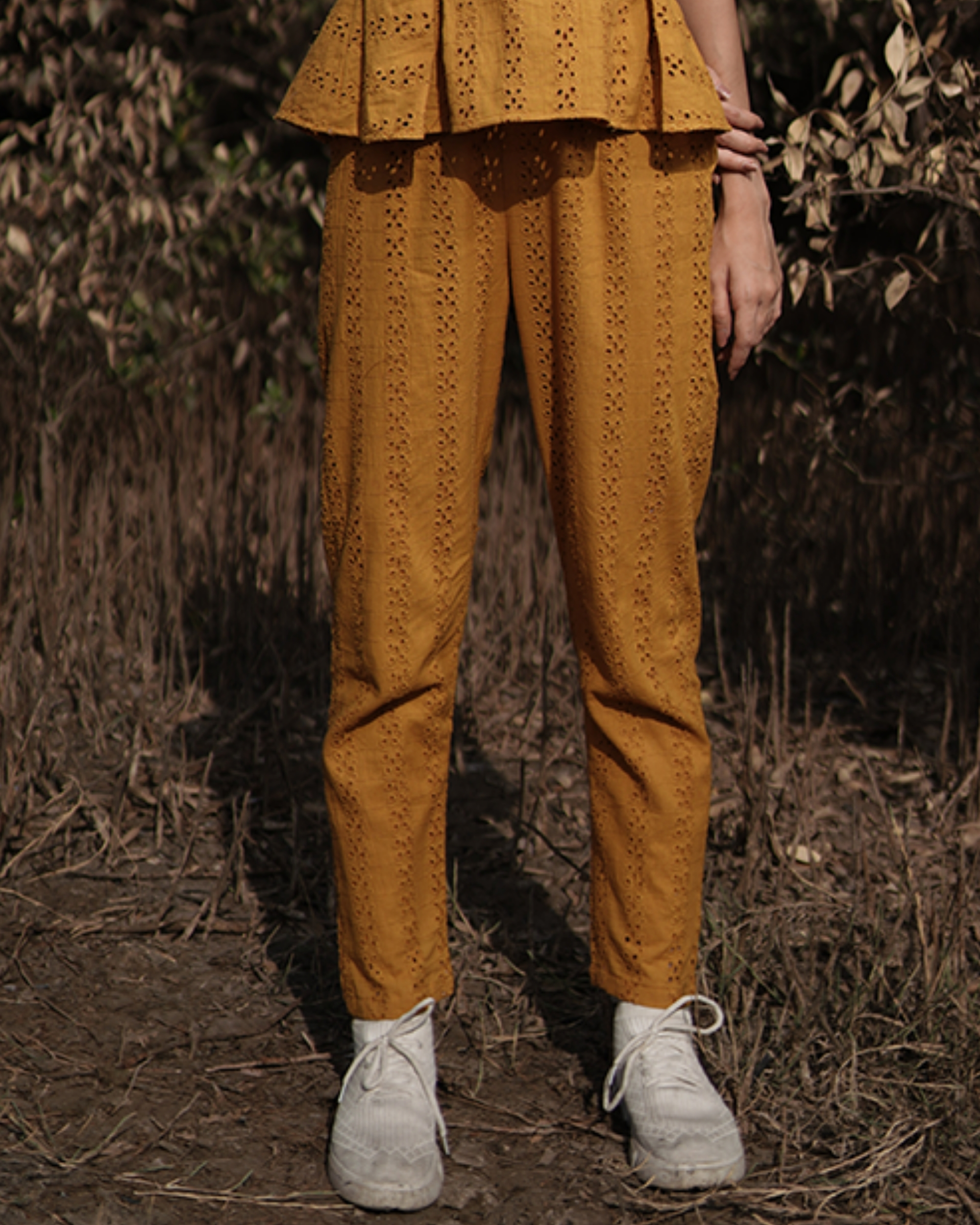 mustard yellow paper bag pants