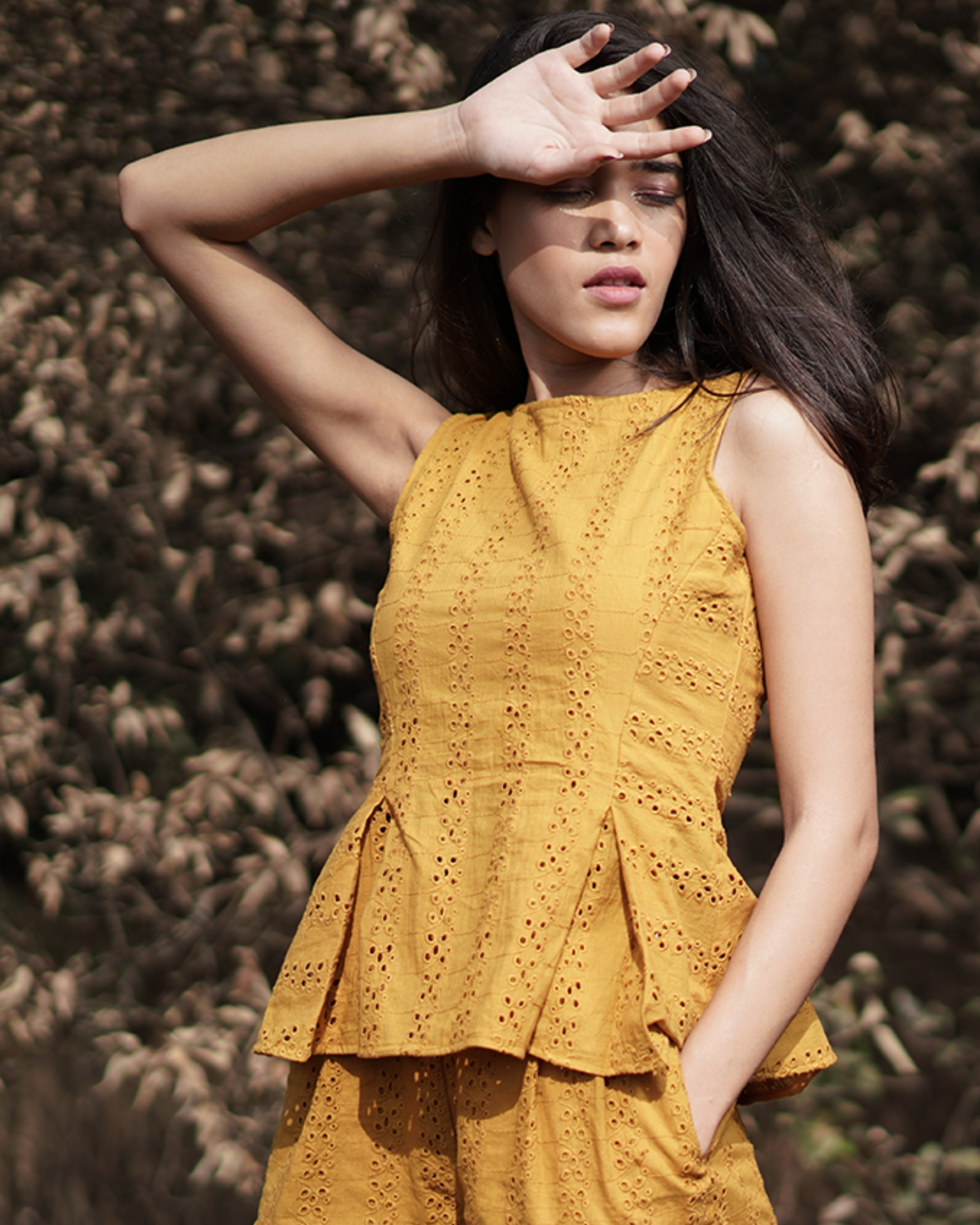 yellow pleated top