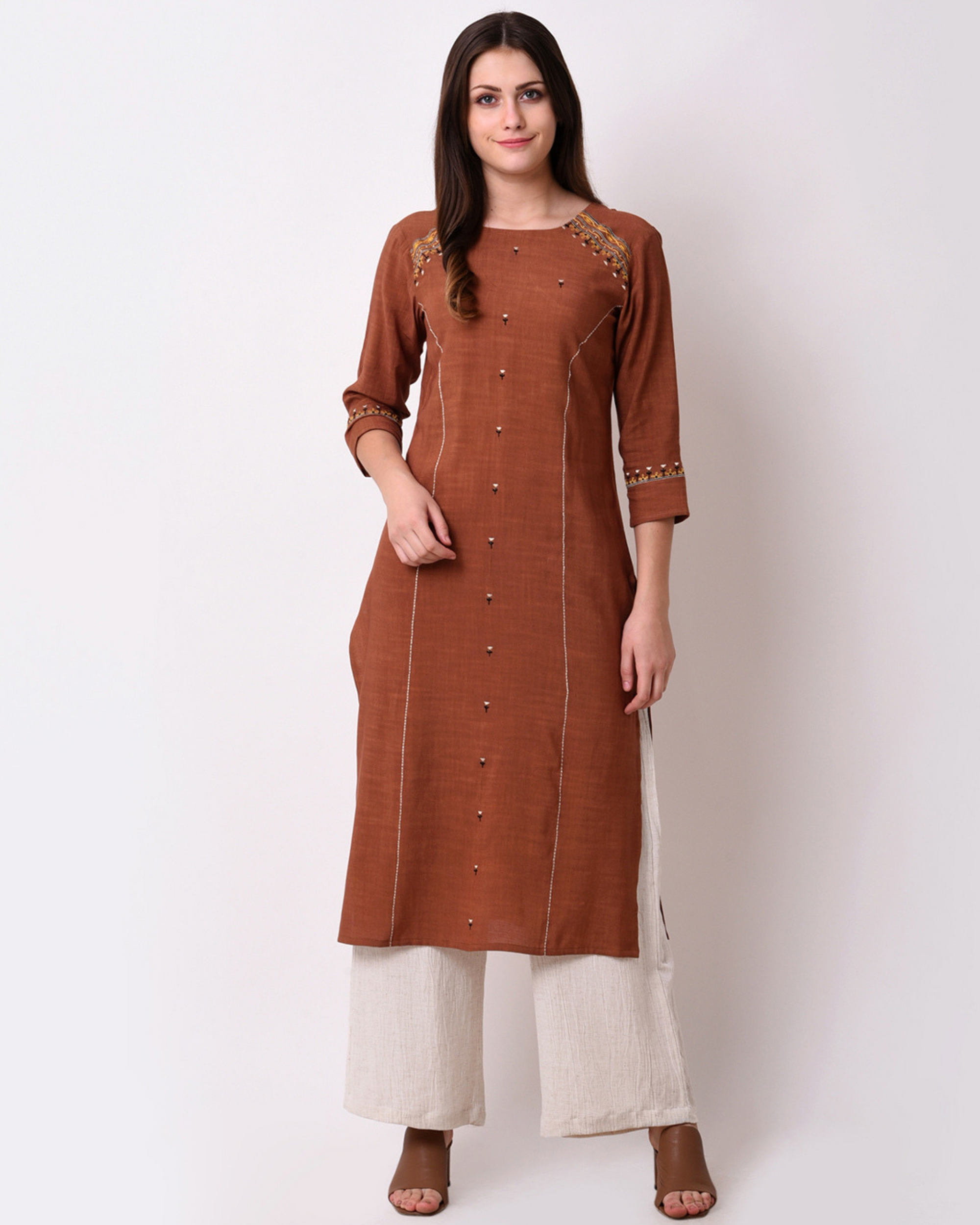 Brown embroidered straight kurta set - Set of Two by Vritta | The ...