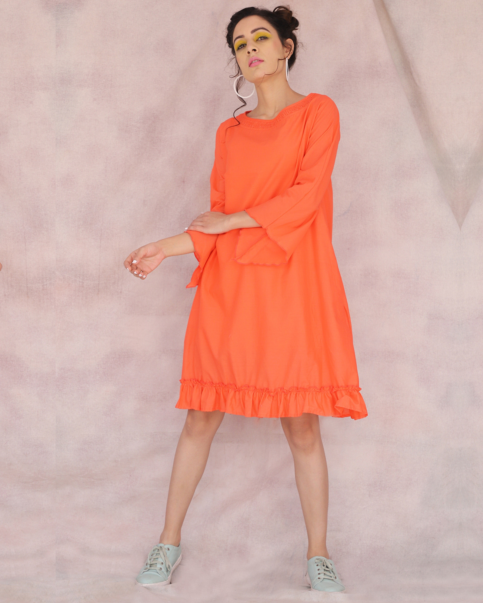 Orange ruffled dress by Red Cherry | The Secret Label
