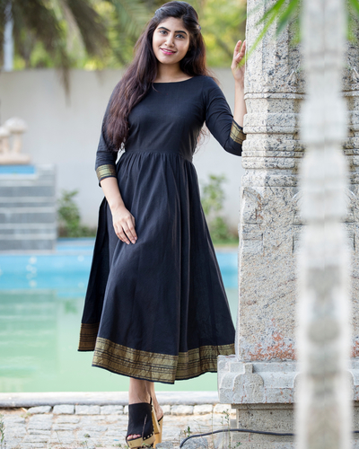 Zari detailed black flared dress by The Anarkali Shop | The Secret Label