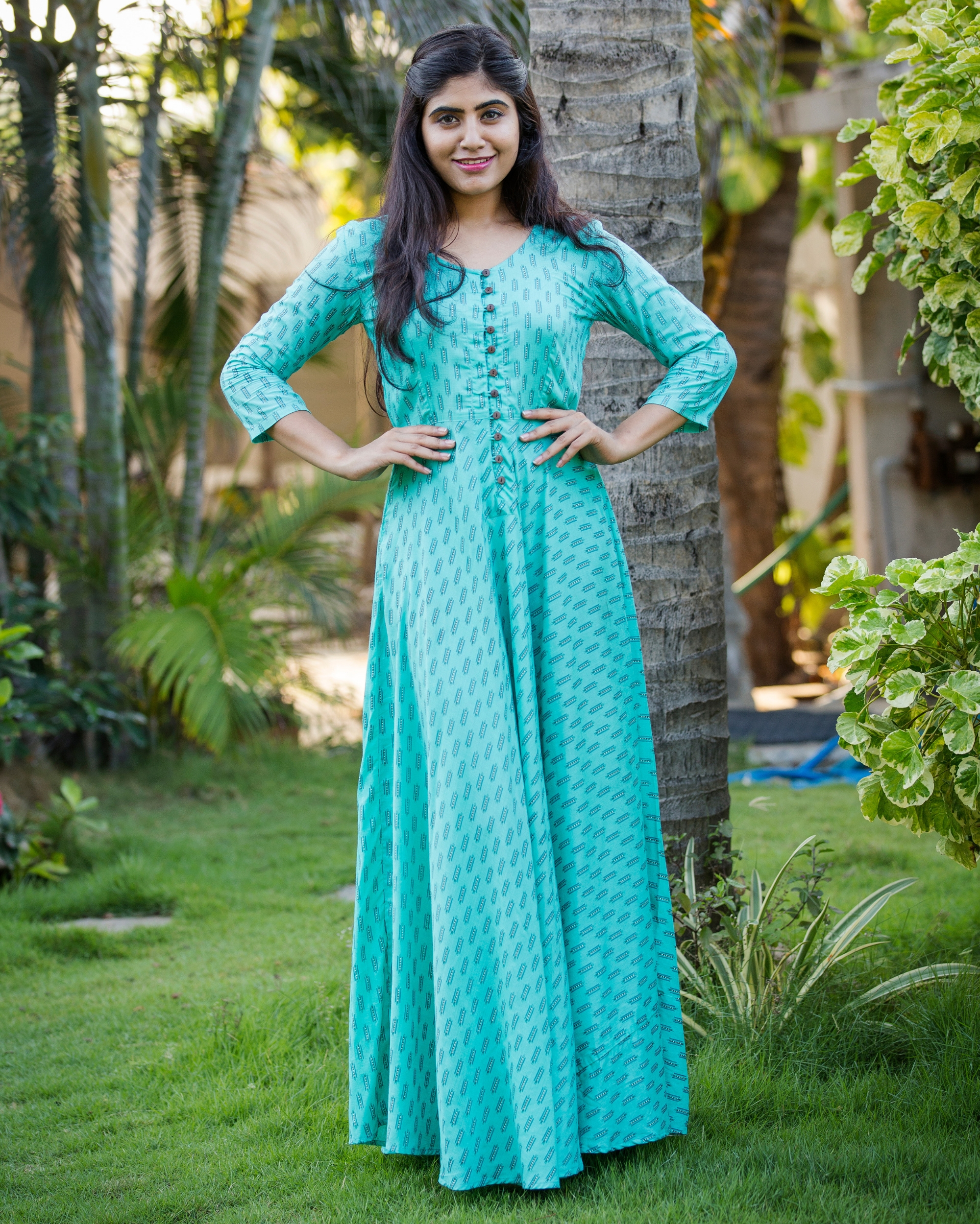 Turquoise Printed Flared Dress By The Anarkali Shop 