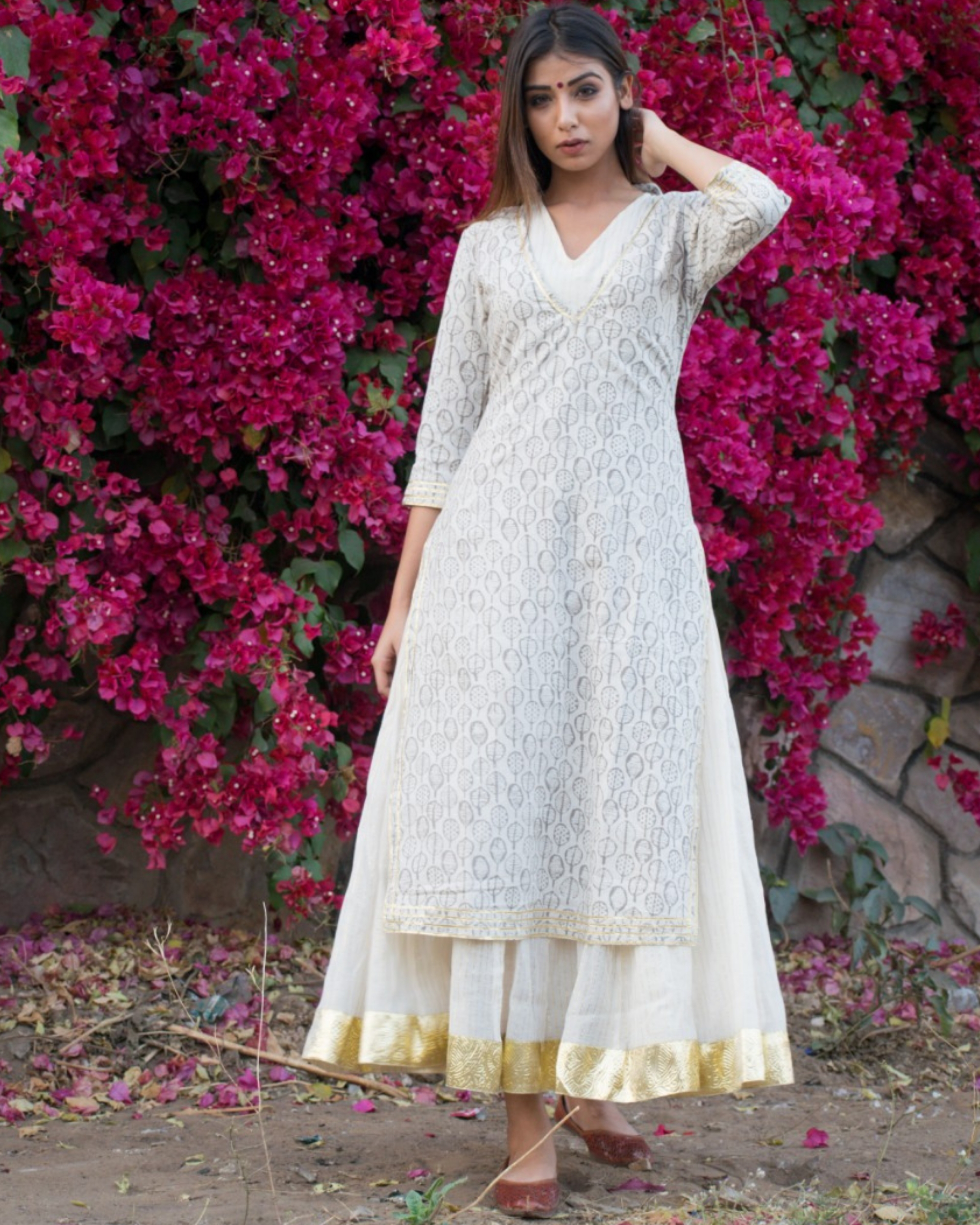 Off white cotton block printed kurta dress - Set of Two
