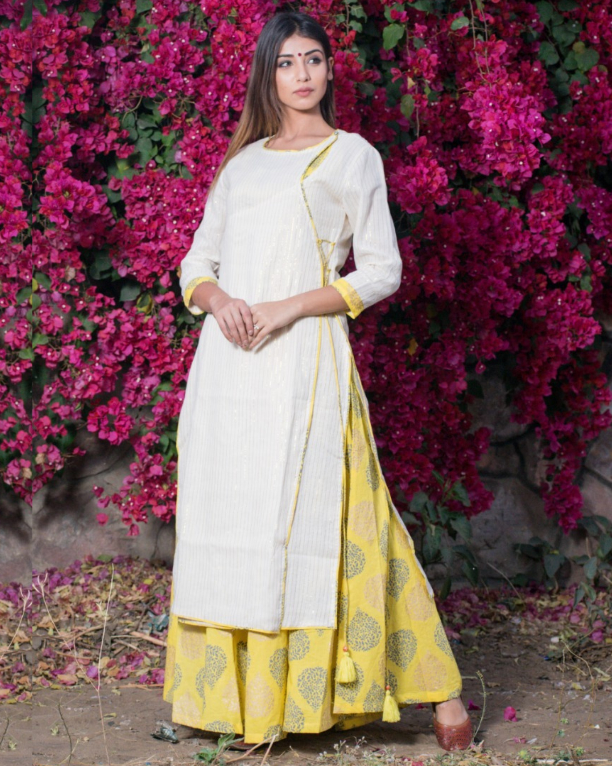 Off white and yellow angrakha dress - Set of Two