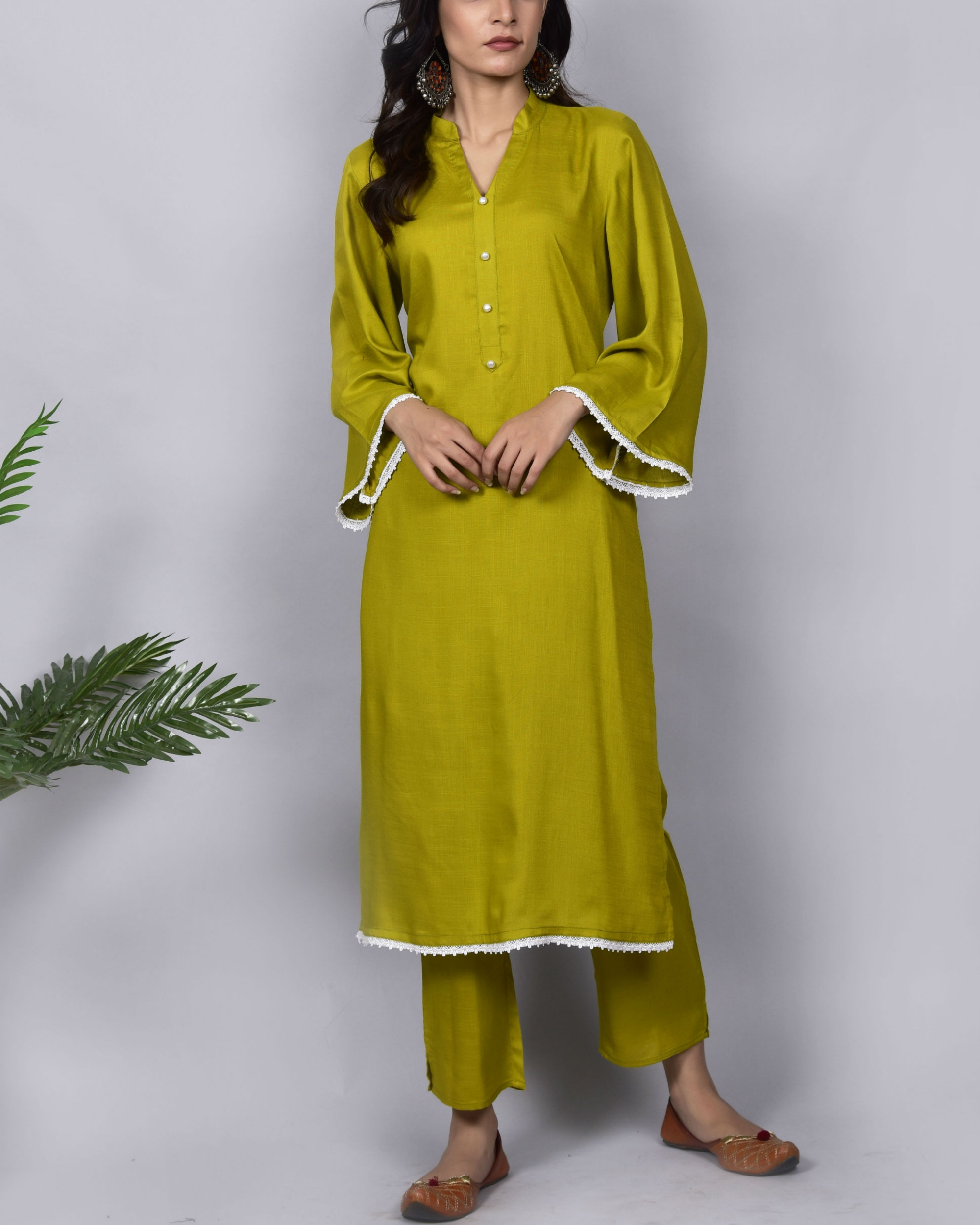 Lime green cotton slub suit Set of Two by Empress Pitara The Secret