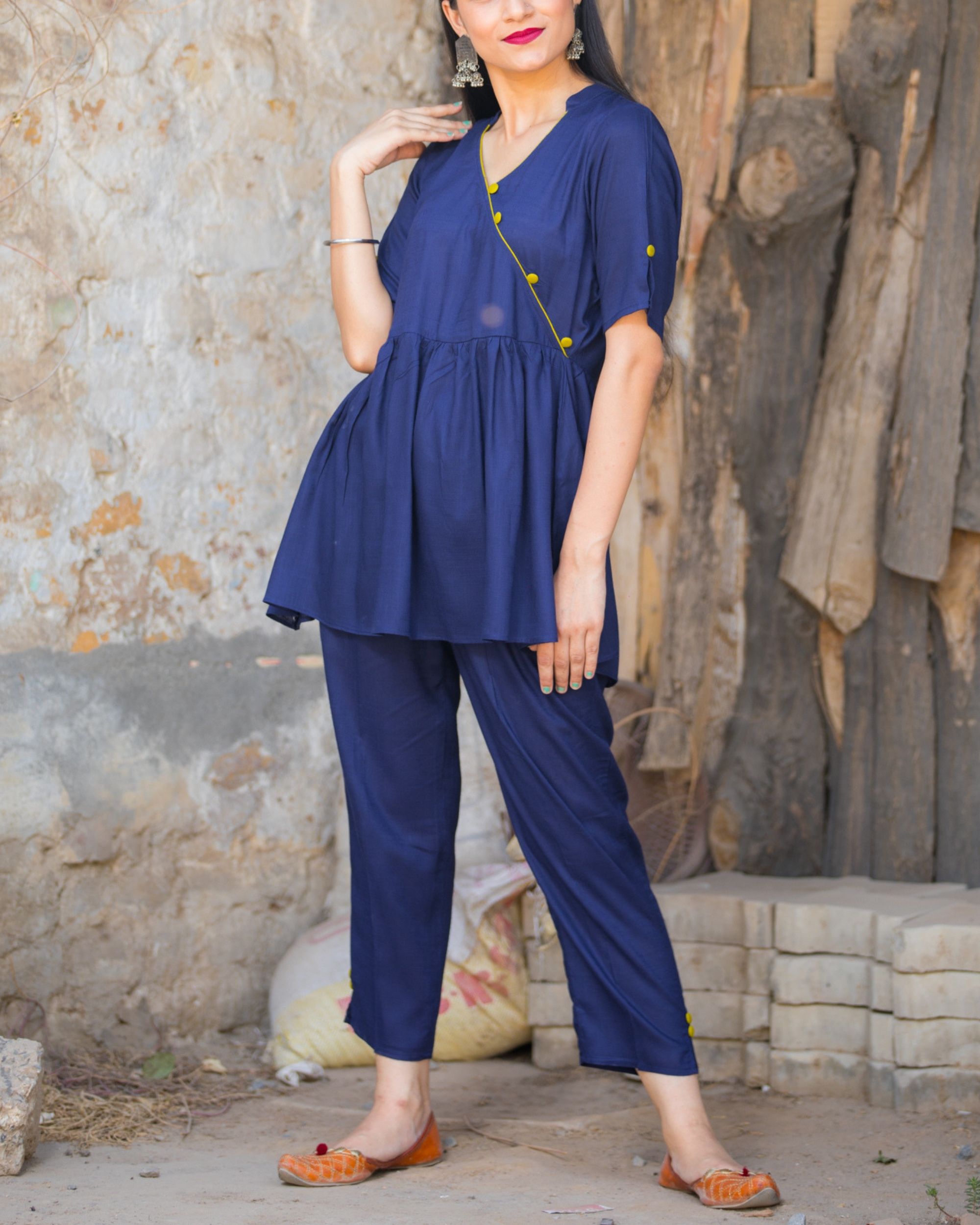 Navy blue flared cotton suit - set of two