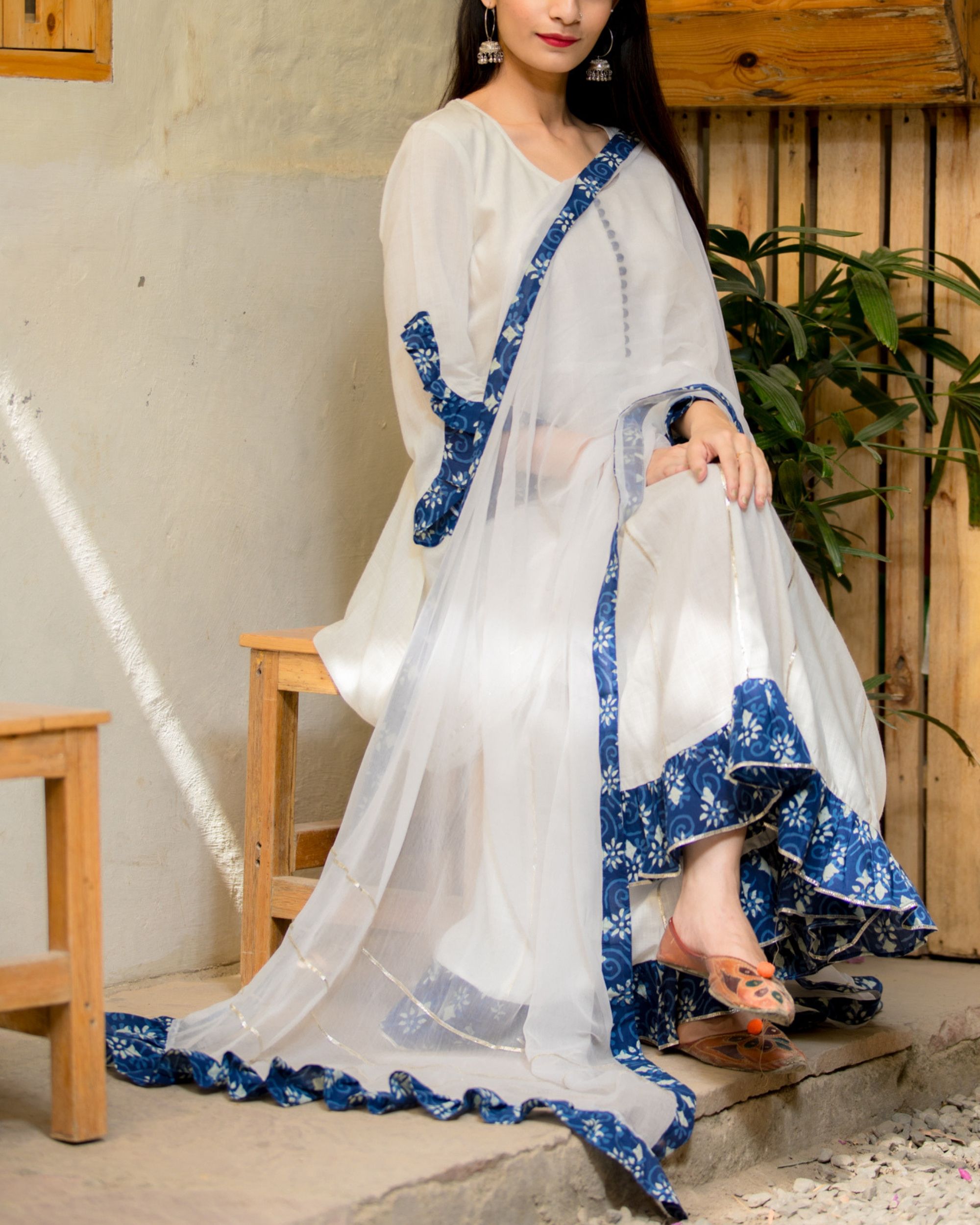 White cotton suit with georgette dupatta - Set of Three