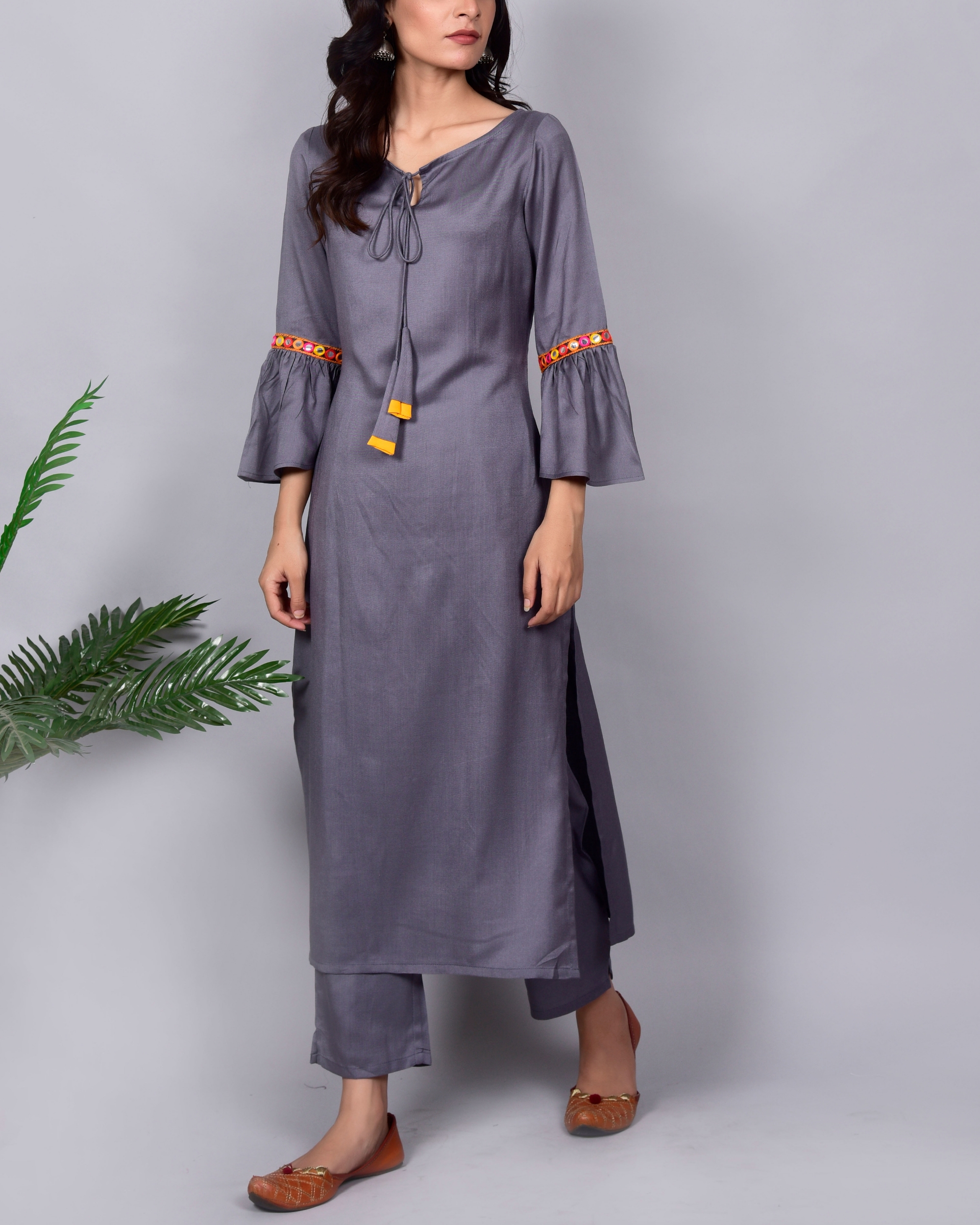 Lace embellished bell sleeves kurta set - set of two