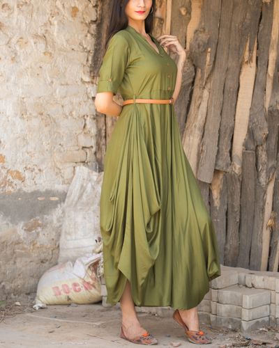 Olive green maxi dress with leather ...