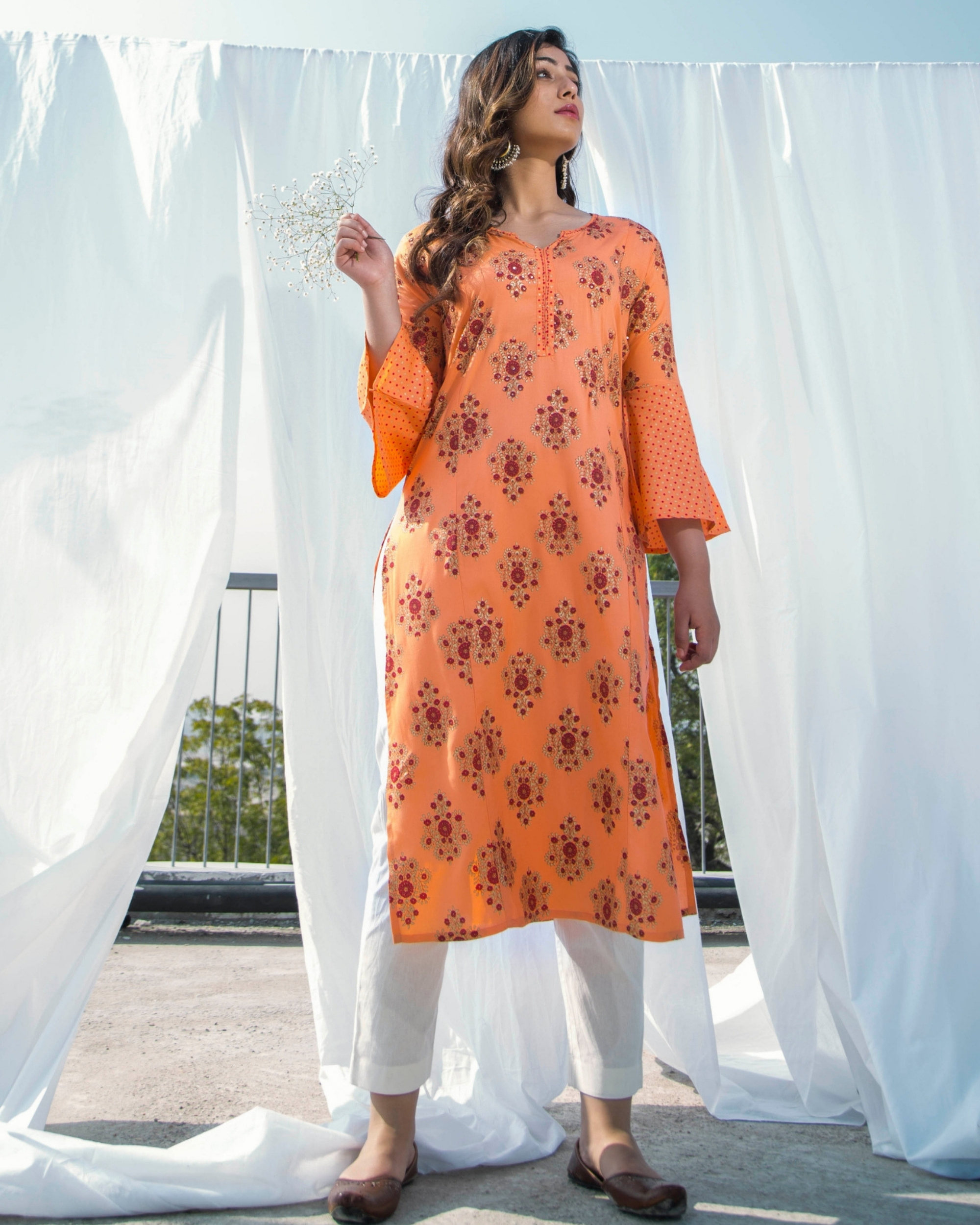 Orange printed bell sleeves kurta by Gazal Pareek The Secret Label