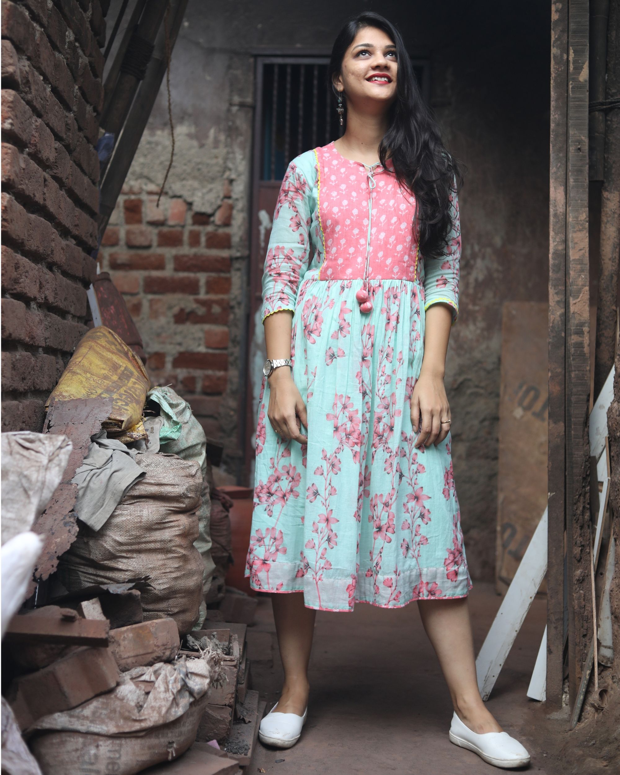 Pink and blue floral print dress by Threeness | The Secret Label