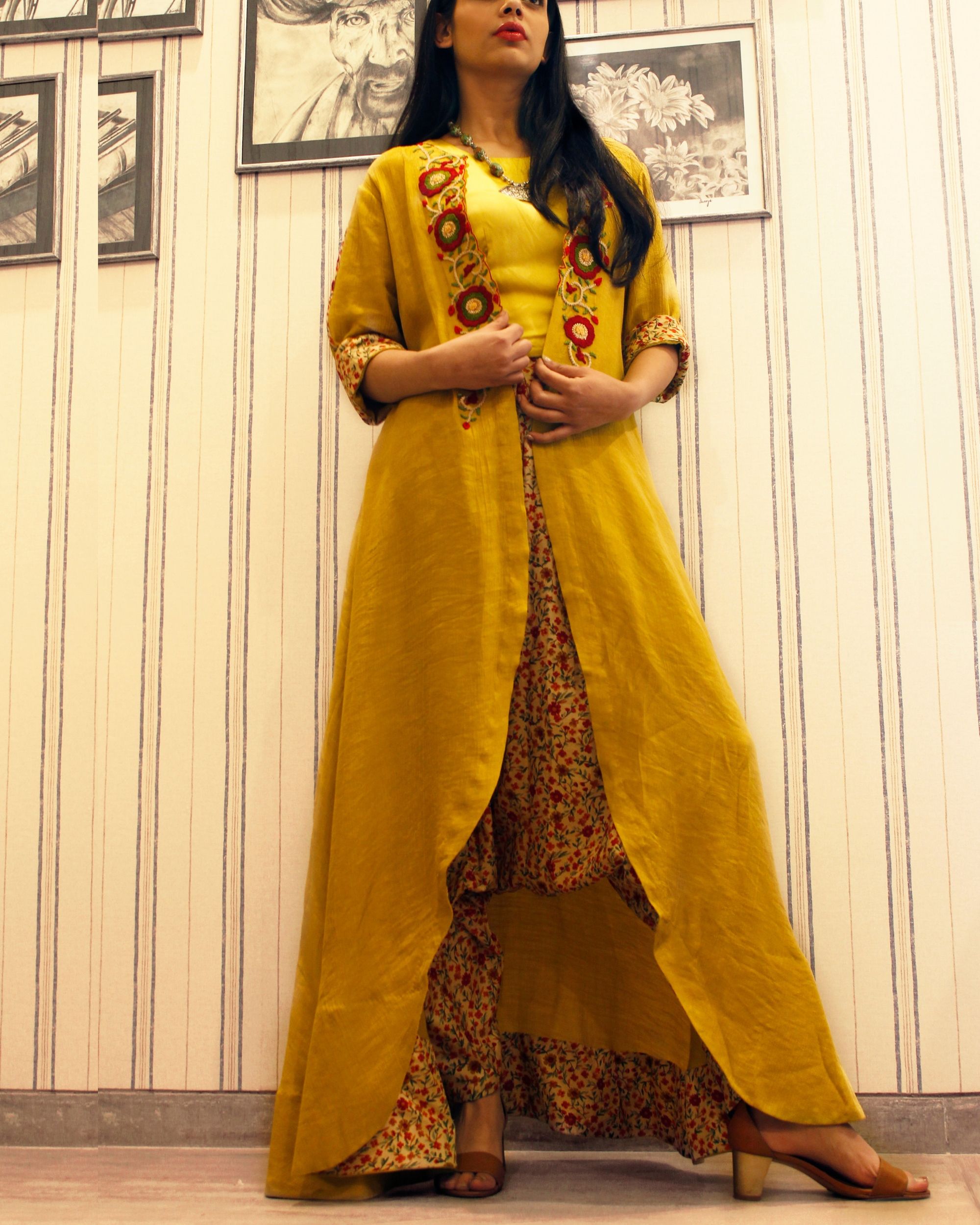 Hand embroidered crop top and jacket set set of three by Bari The Secret Label