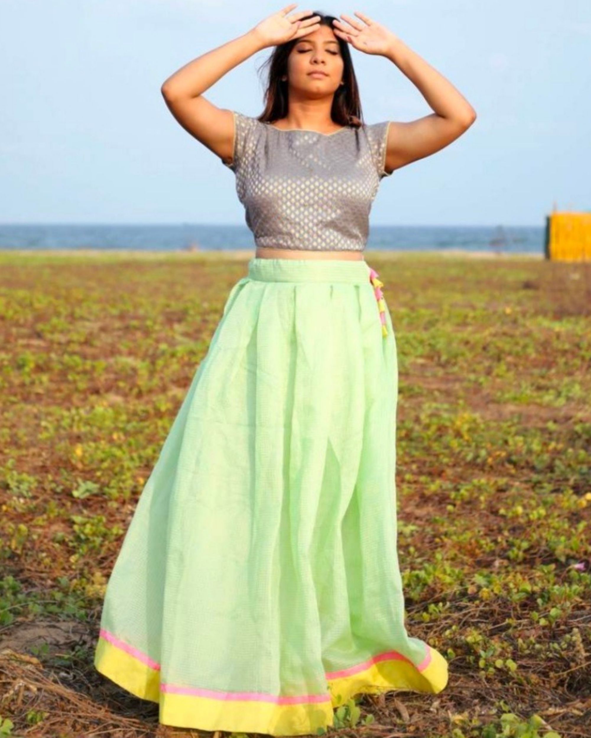 Grey brocade top with neon green skirt by Ekanta | The Secret Label