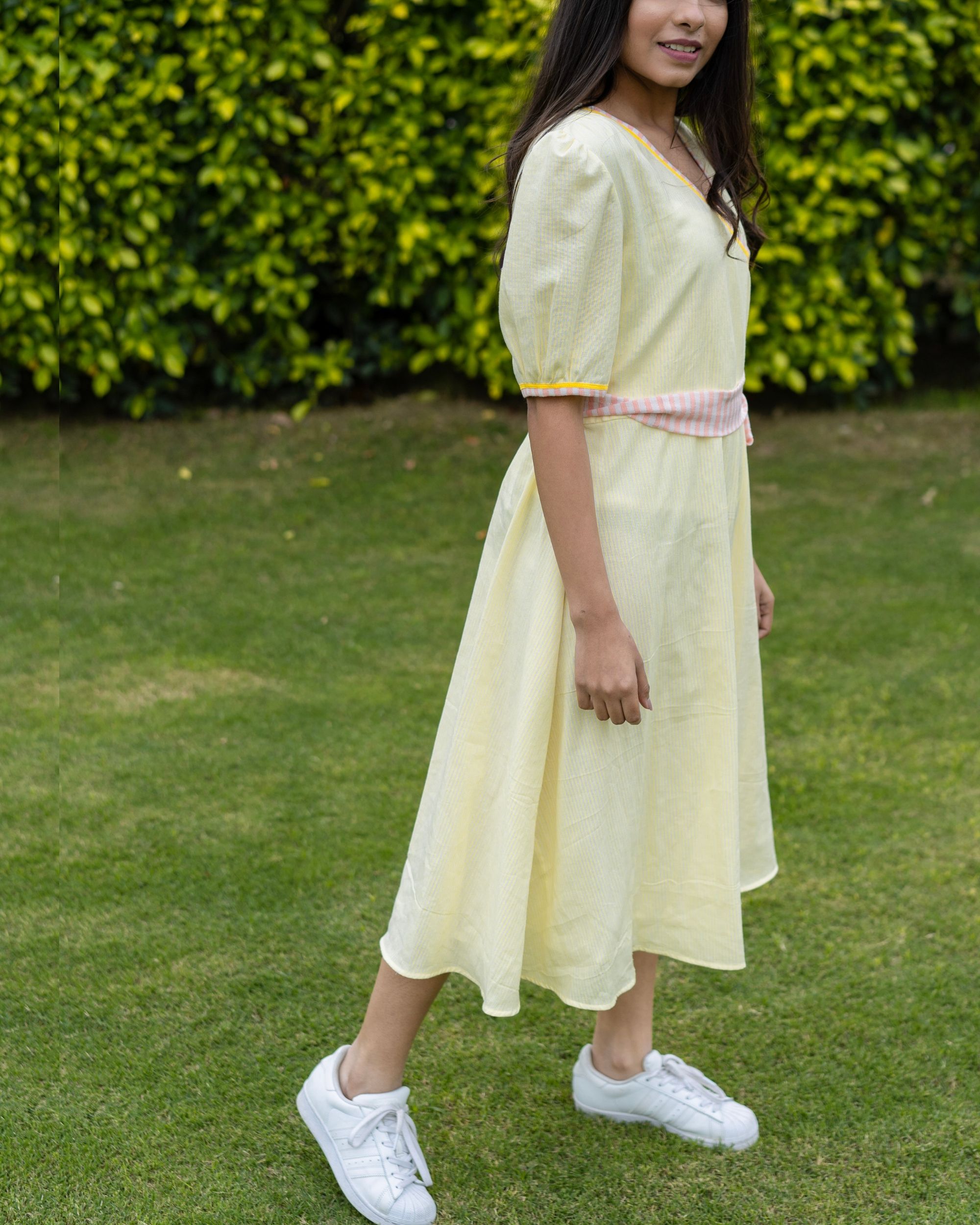 Lemon flared belt dress by The Patakha Closet The Secret Label