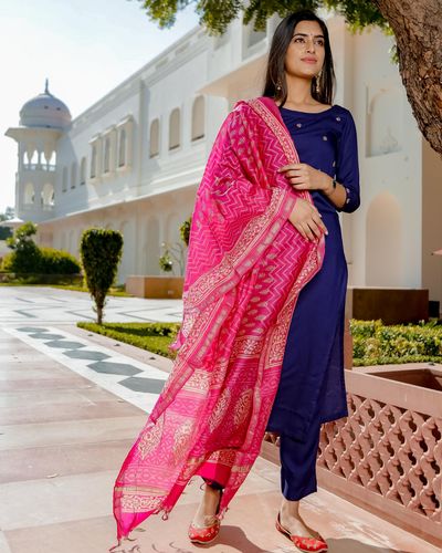 Blue embroidered straight kurta set with dupatta - set of three by ...