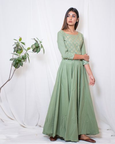 Olive green gown with gota belt by Chokhi Bandhani | The Secret Label