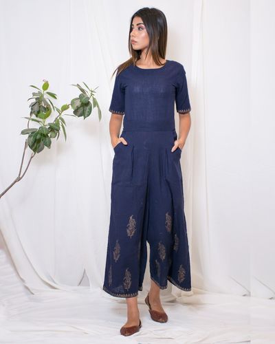 Navy blue cotton jumpsuit by Chokhi Bandhani | The Secret Label