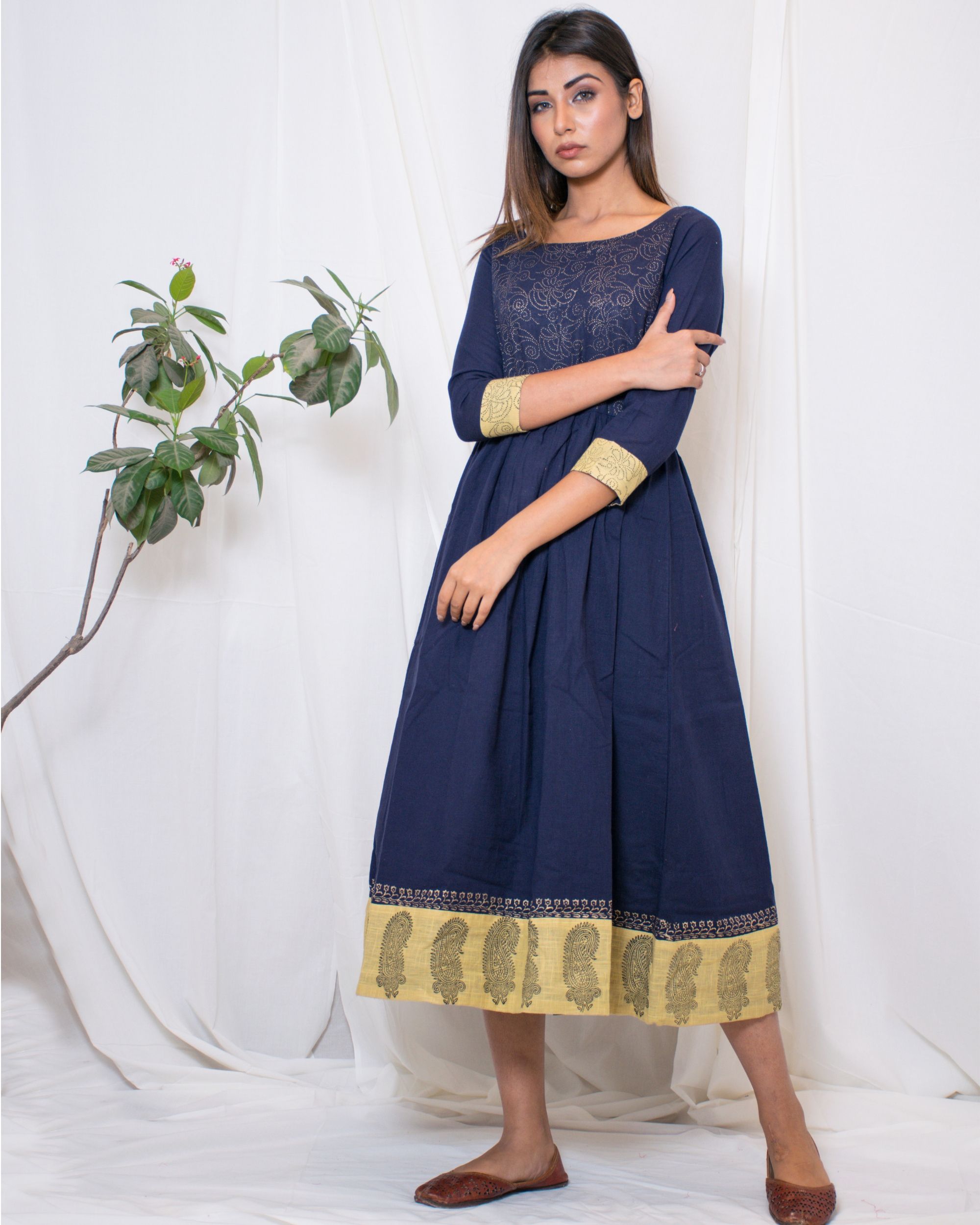 Navy blue block print motif dress by Chokhi Bandhani | The Secret Label