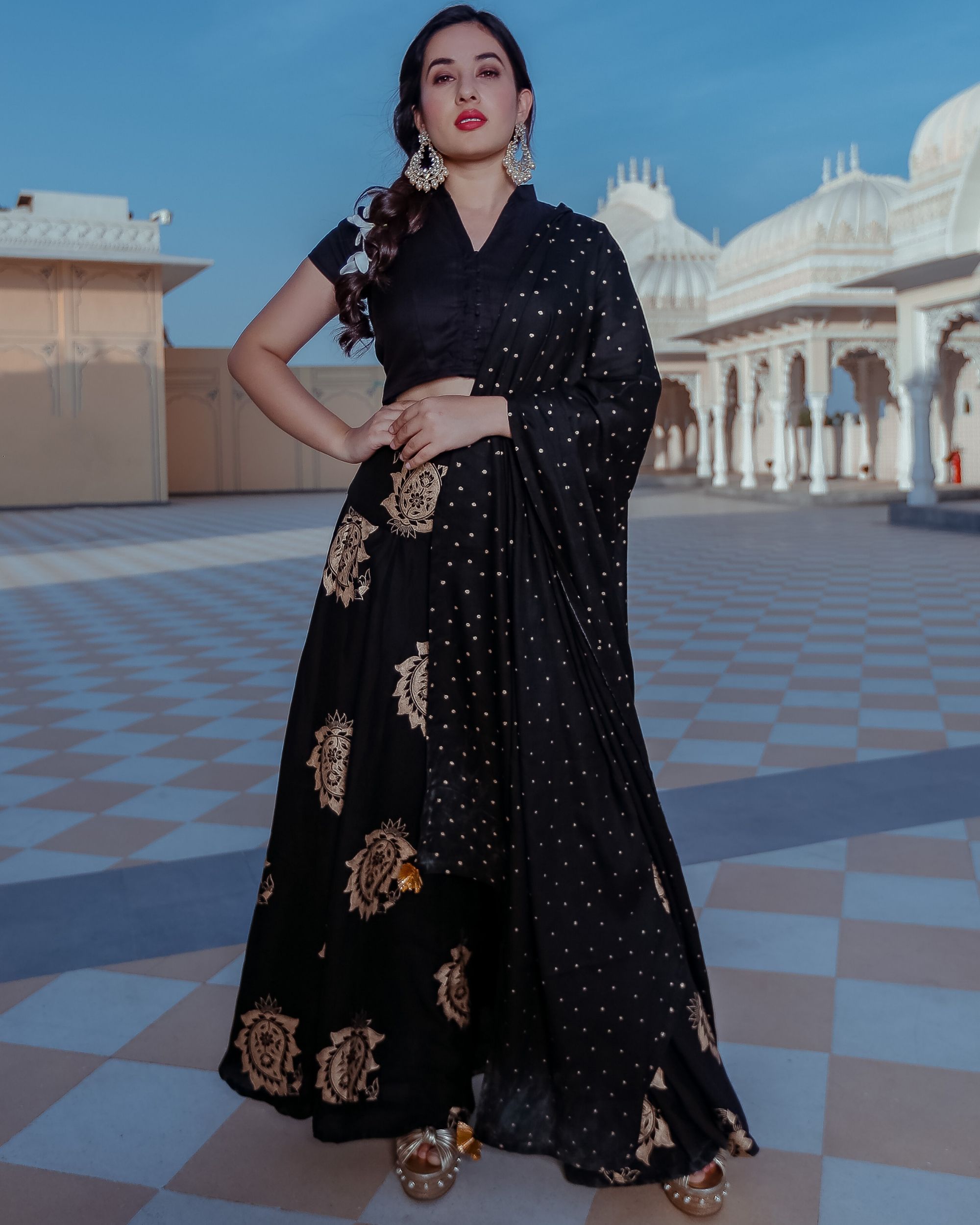 Black and gold printed lehenga set- set of three by Floral Tales | The ...