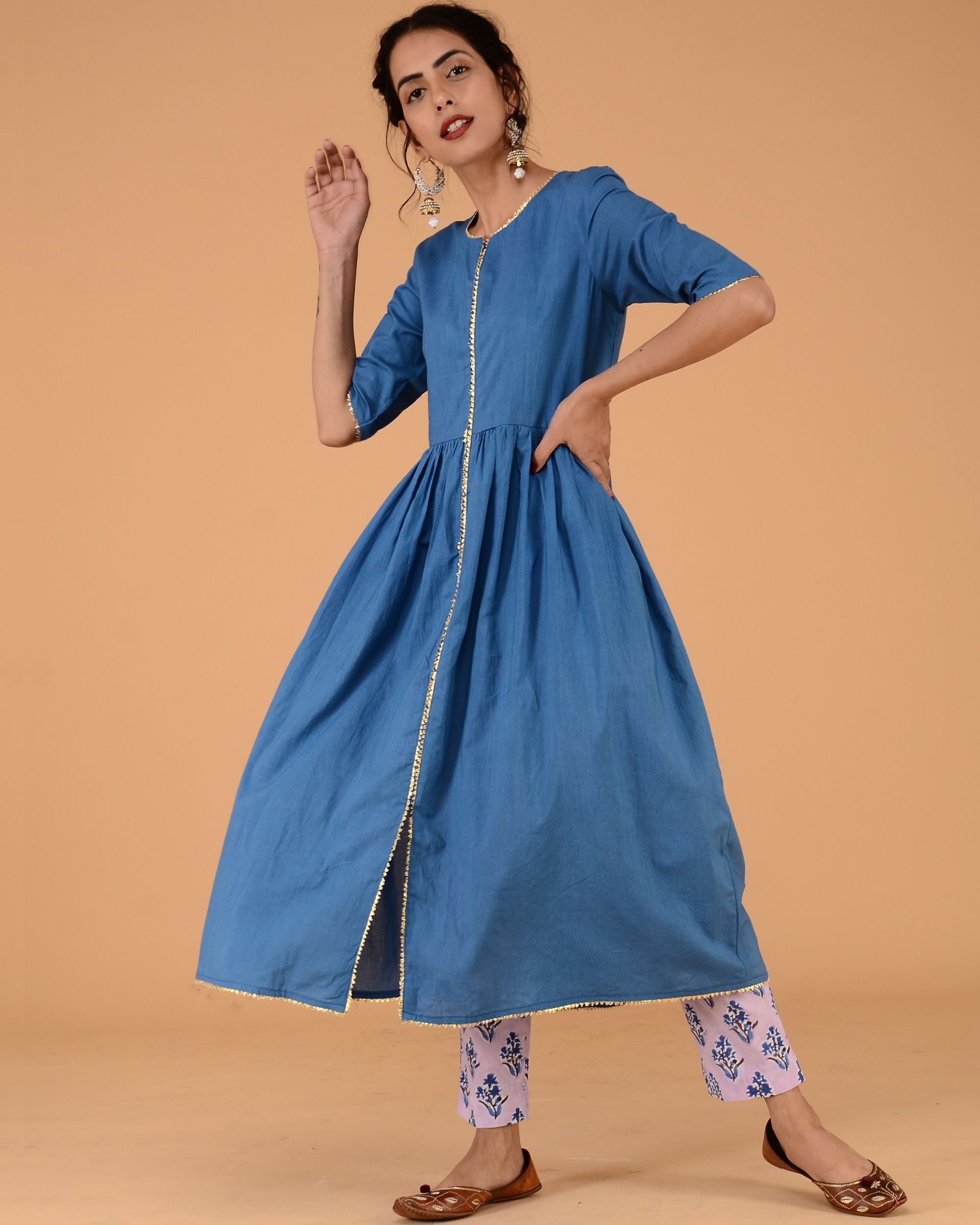 Blue flared tunic with printed pants- set of two by Raasleela | The ...