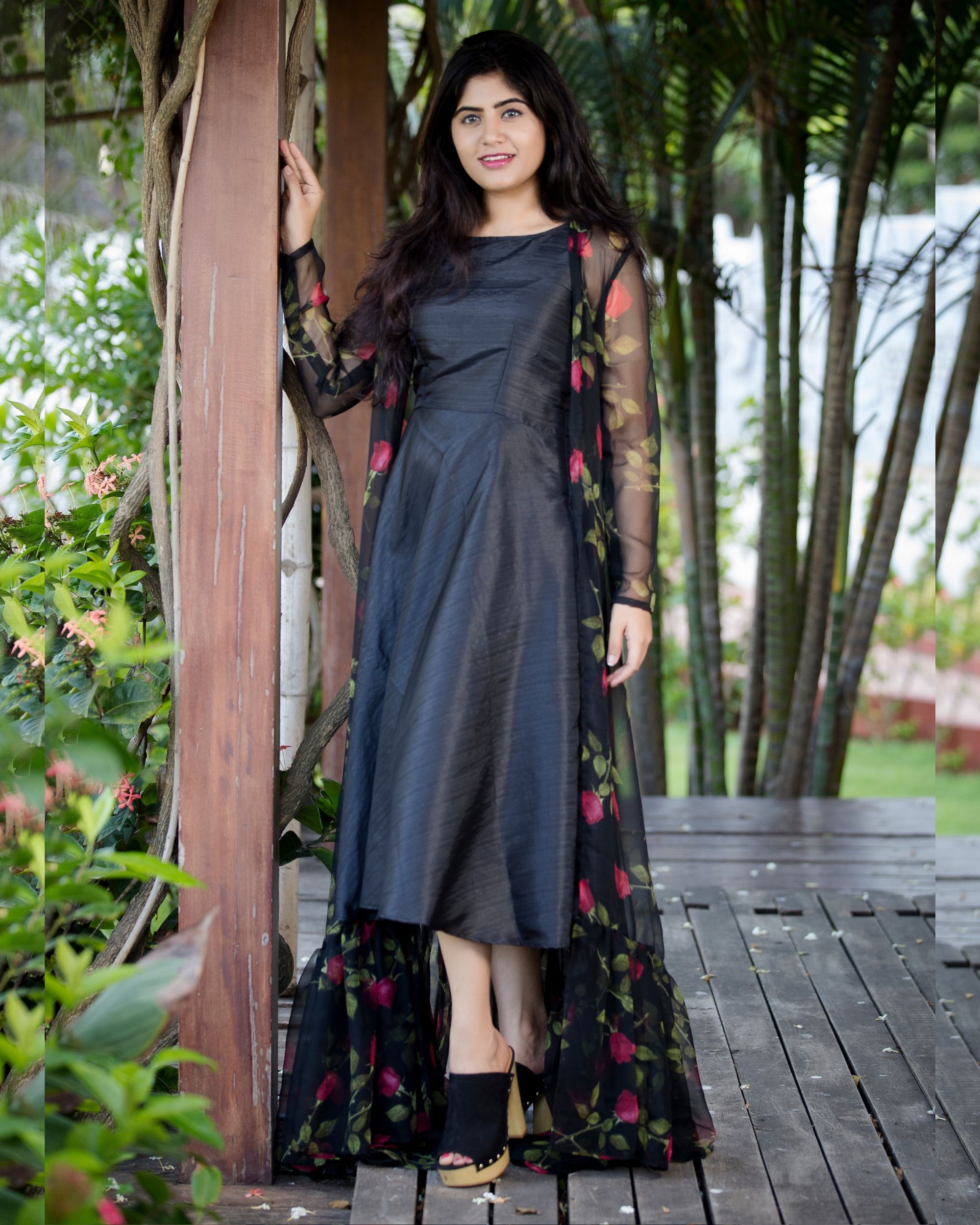 Black dress with floral print jacket