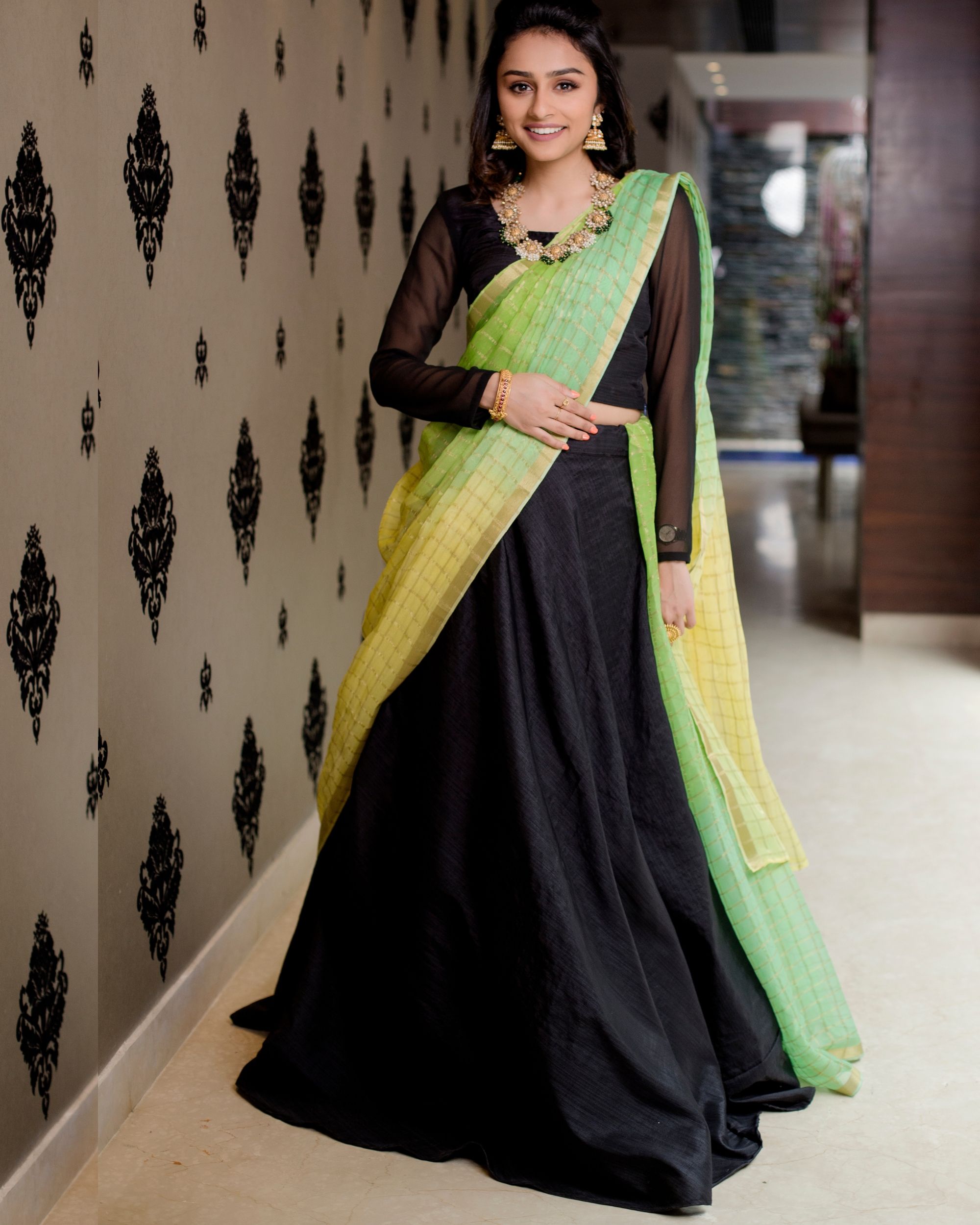 Buy Apline Green Brocade Silk Lehenga with woven bandhani design