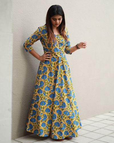 Lily yellow floral print long dress by The Anarkali Shop | The Secret Label