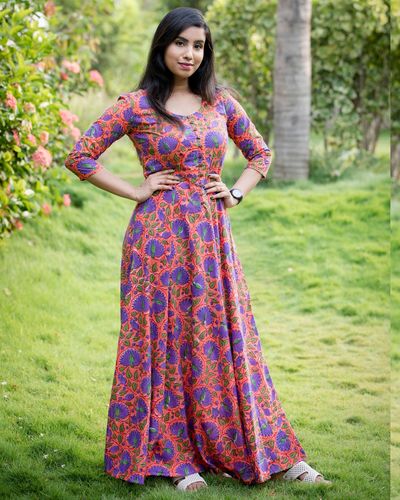 Pink and Orange flared floral dress by The Anarkali Shop | The Secret Label