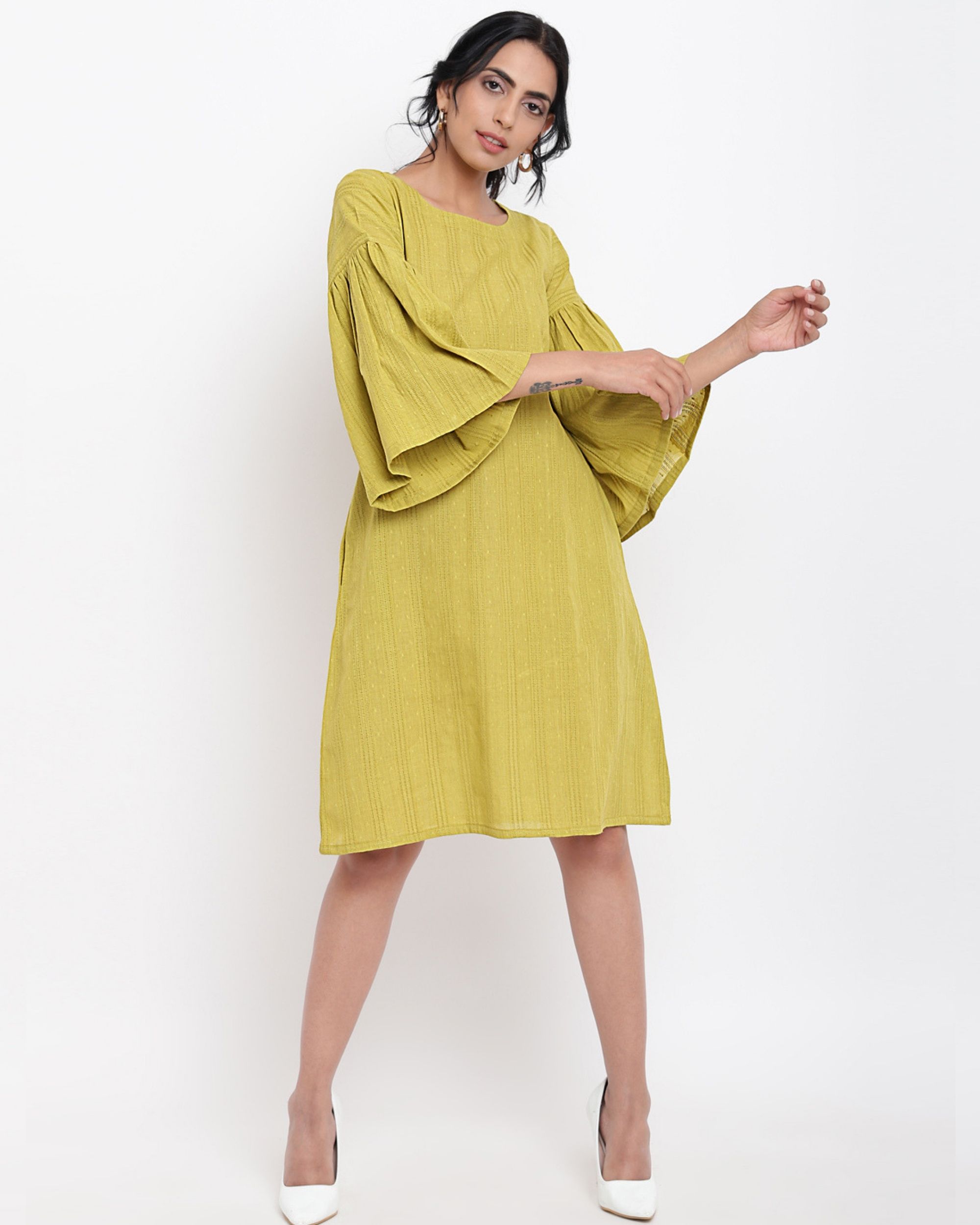 Green cotton gathered sleeve dress by trueBrowns | The Secret Label