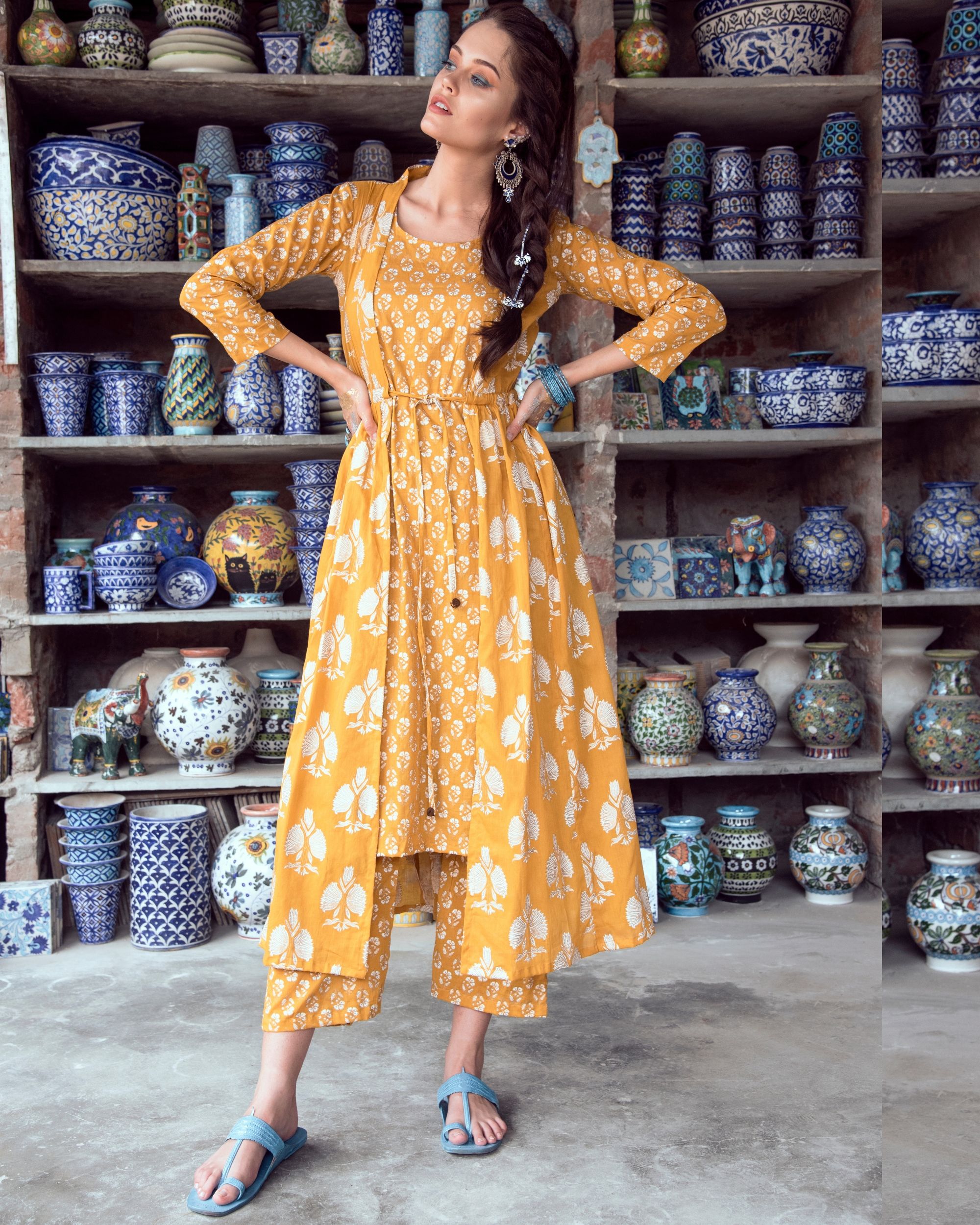 Mustard kurta with jacket set of three by Rivaaj The Secret Label