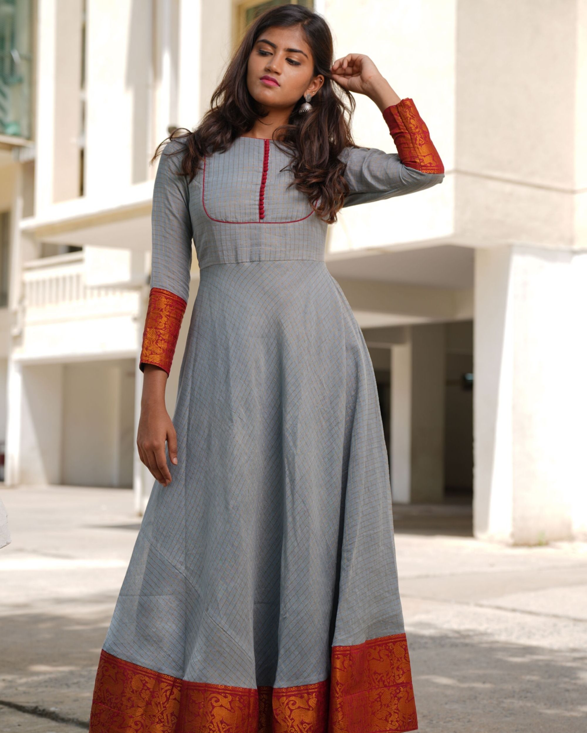 Grey and red sugundi dress by Ekanta 