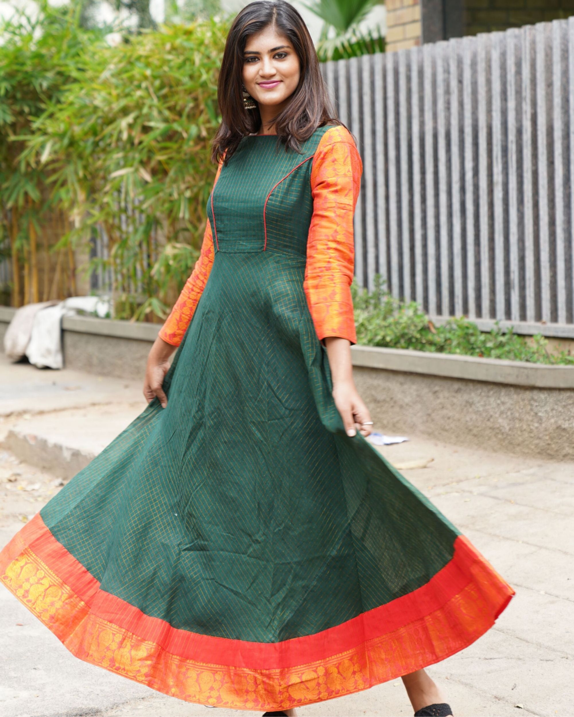 Green Hand Embellished Gown with attached dupatta-WRK439 – Women Republic