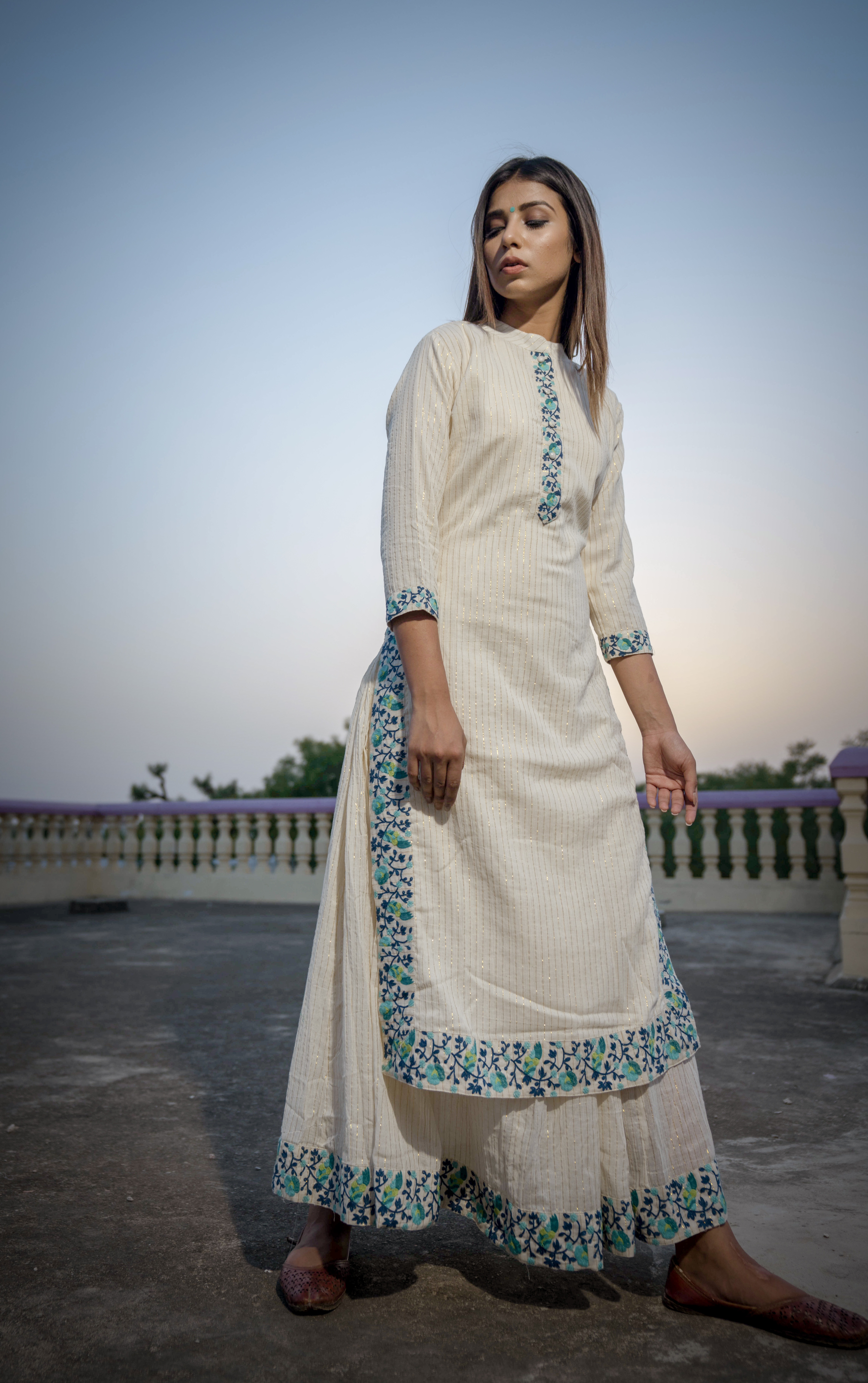 Off white and Turquoise embroidered kurta and inner - set of two