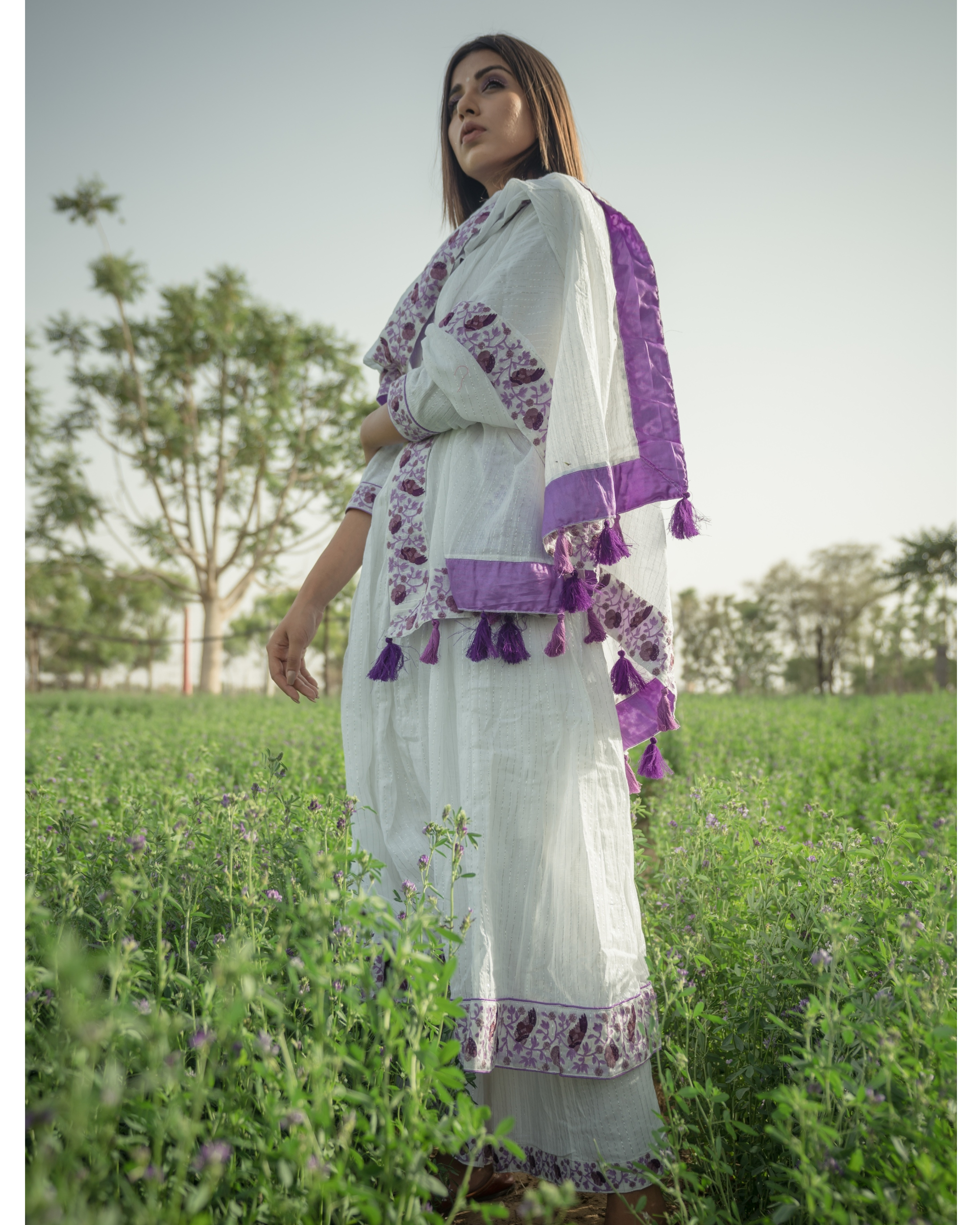 White Anarkali Set With Purple Embroidery - Set Of Three