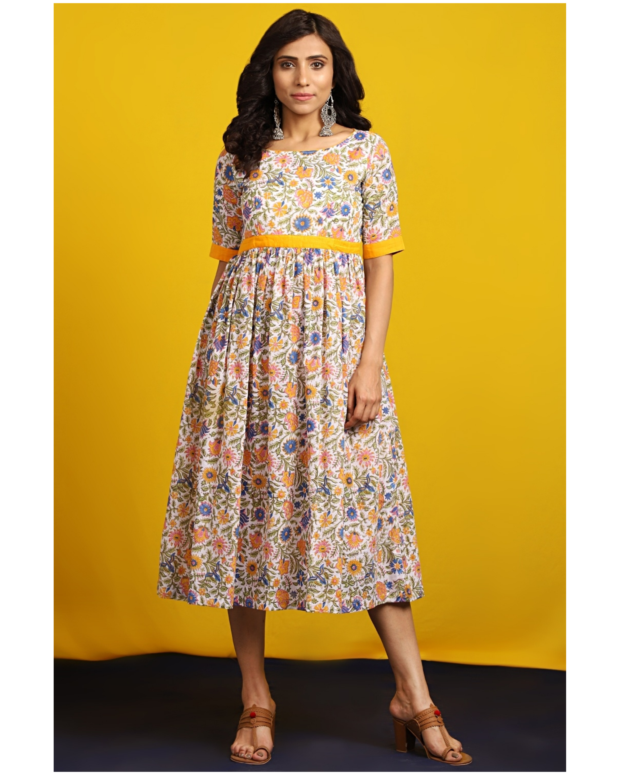 Saffron floral printed midi dress by The Cotton Staple | The Secret Label