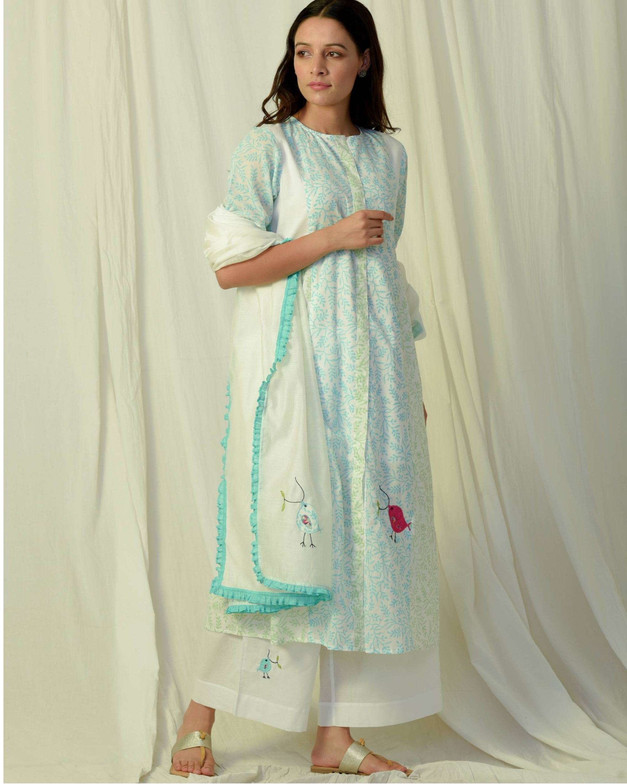 Sky Blue Cotton Front Slit Kurta Set - Set Of Three By Charkhee Women 