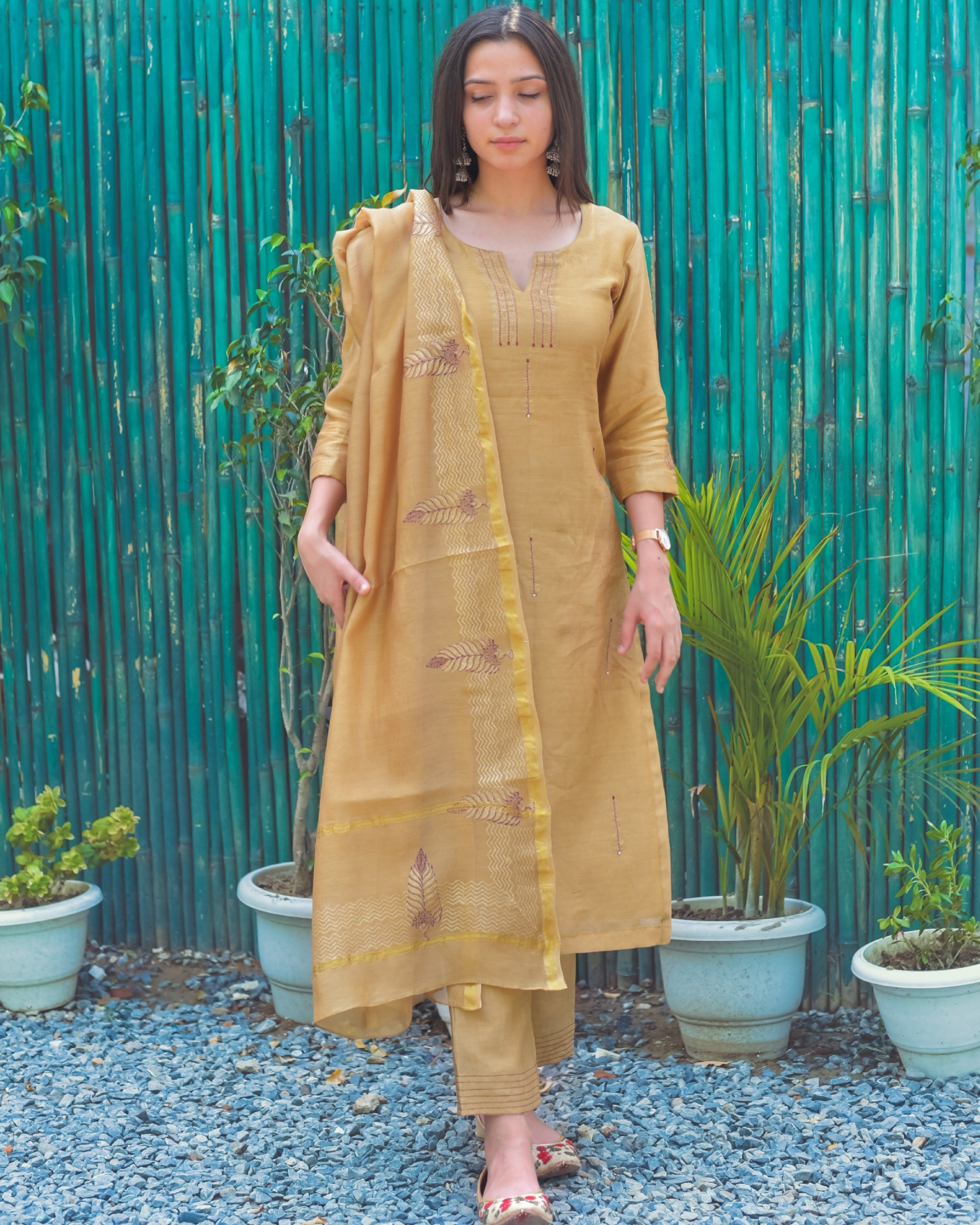Navy blue and yellow embroidered chanderi suit set  set of three by  MissPrint  The Secret Label