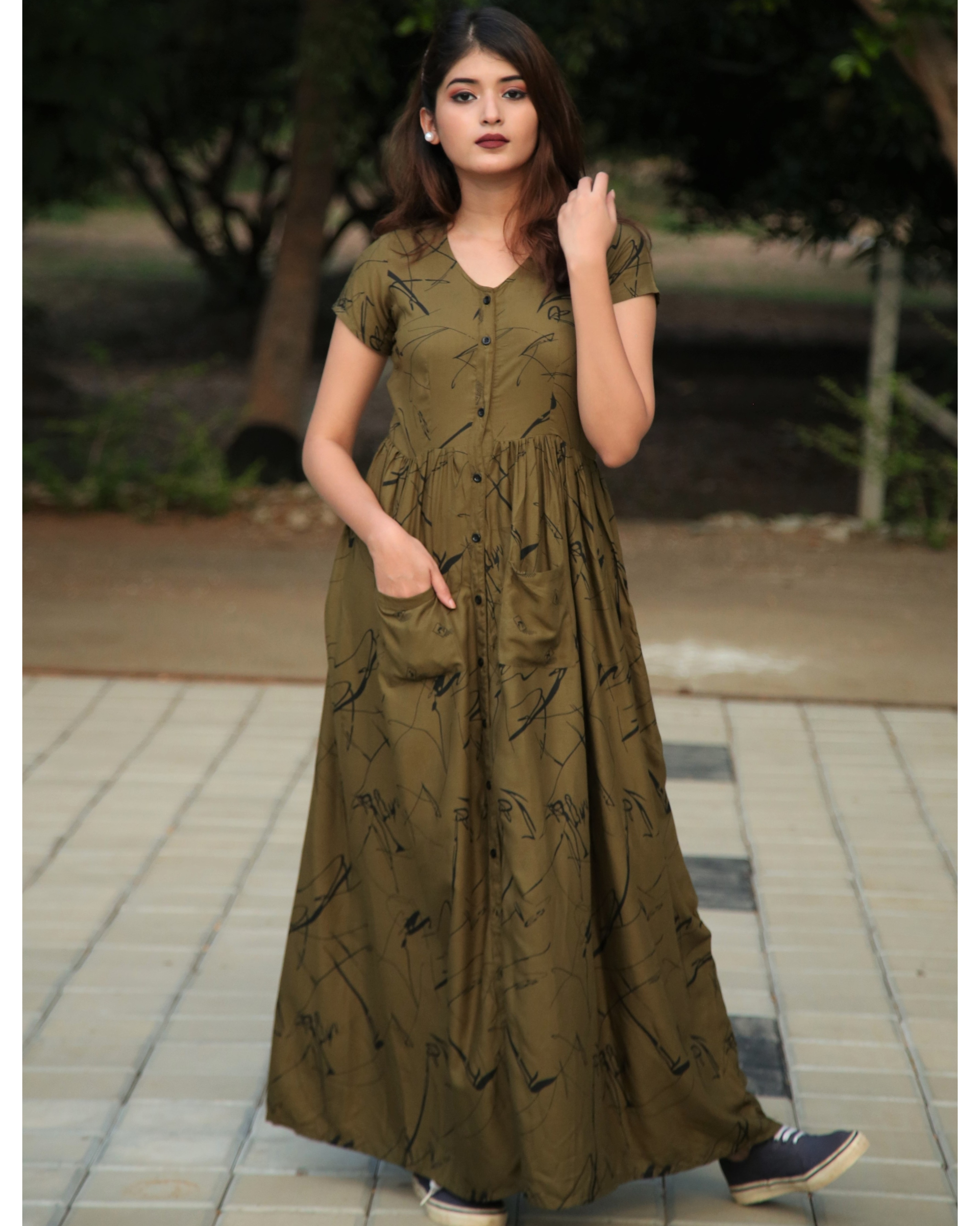 Olive rayon dress with belt by The Anarkali Shop | The Secret Label
