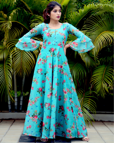 Blue floral bell sleeves maxi by The Anarkali Shop