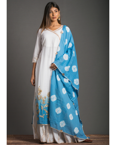 Blue and white ombre suit set with batik dupatta - set of three by ...