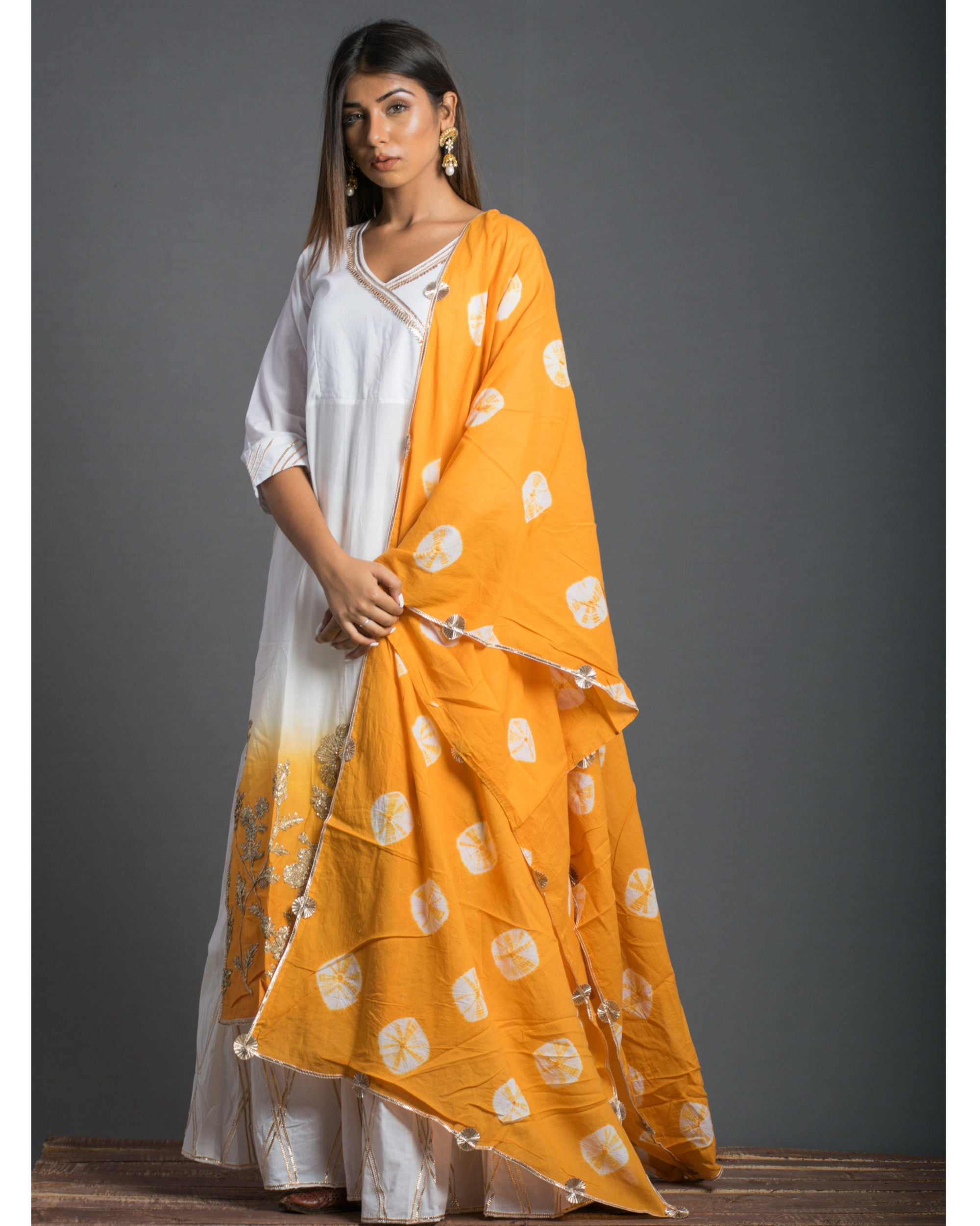 Yellow and white ombre suit set with batik dupatta - set of three by ...