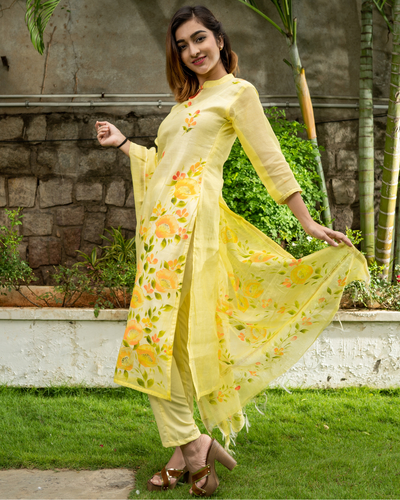 Yellow Hand Painted Kurta with Chanderi Dupatta - Set of Two by Desi ...